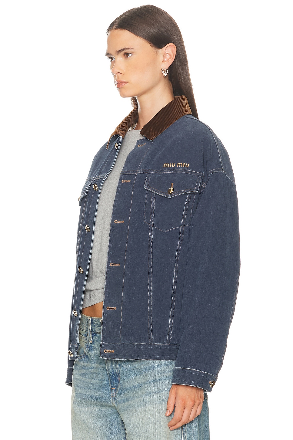 Miu Miu Denim Padded Jacket With Corduroy Collar In Blue