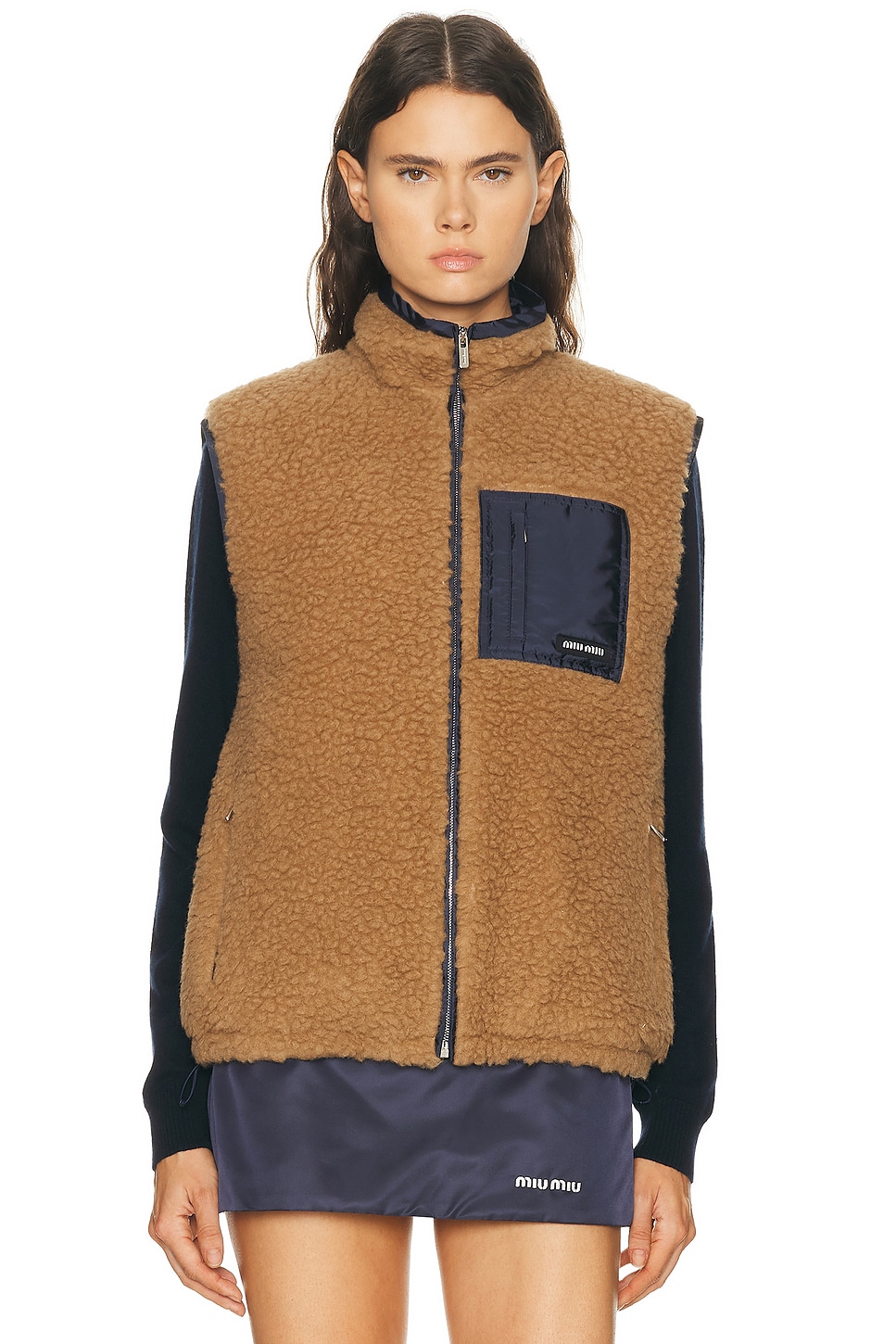 Image 1 of Miu Miu Teddy Ponge'nylon Piumino Vest in Cammello & Royal
