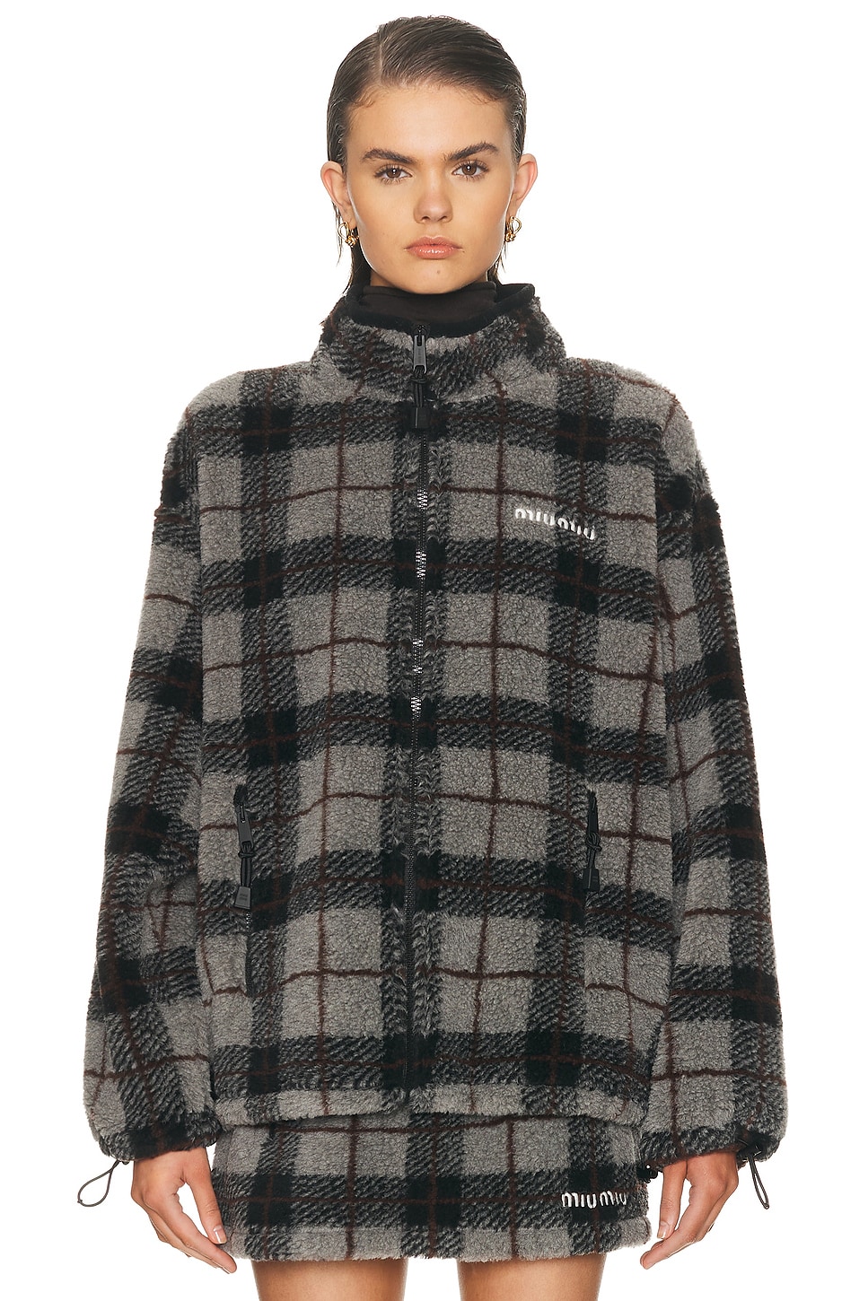 Image 1 of Miu Miu Teddy Check Jacket in Grigio & Nero