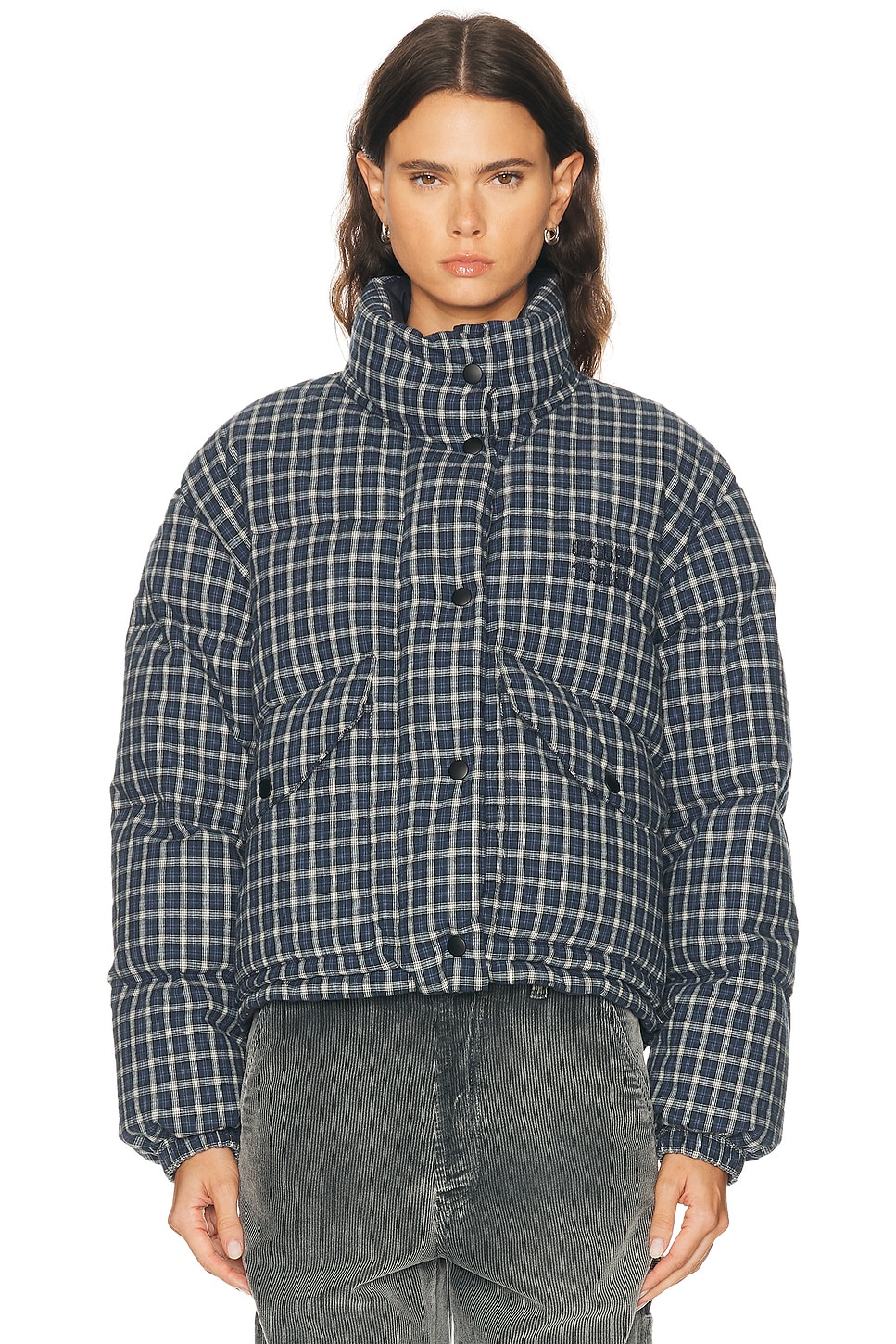 Miu Miu Jacket High Collar Checked Pattern Pockets Quilted In Blue