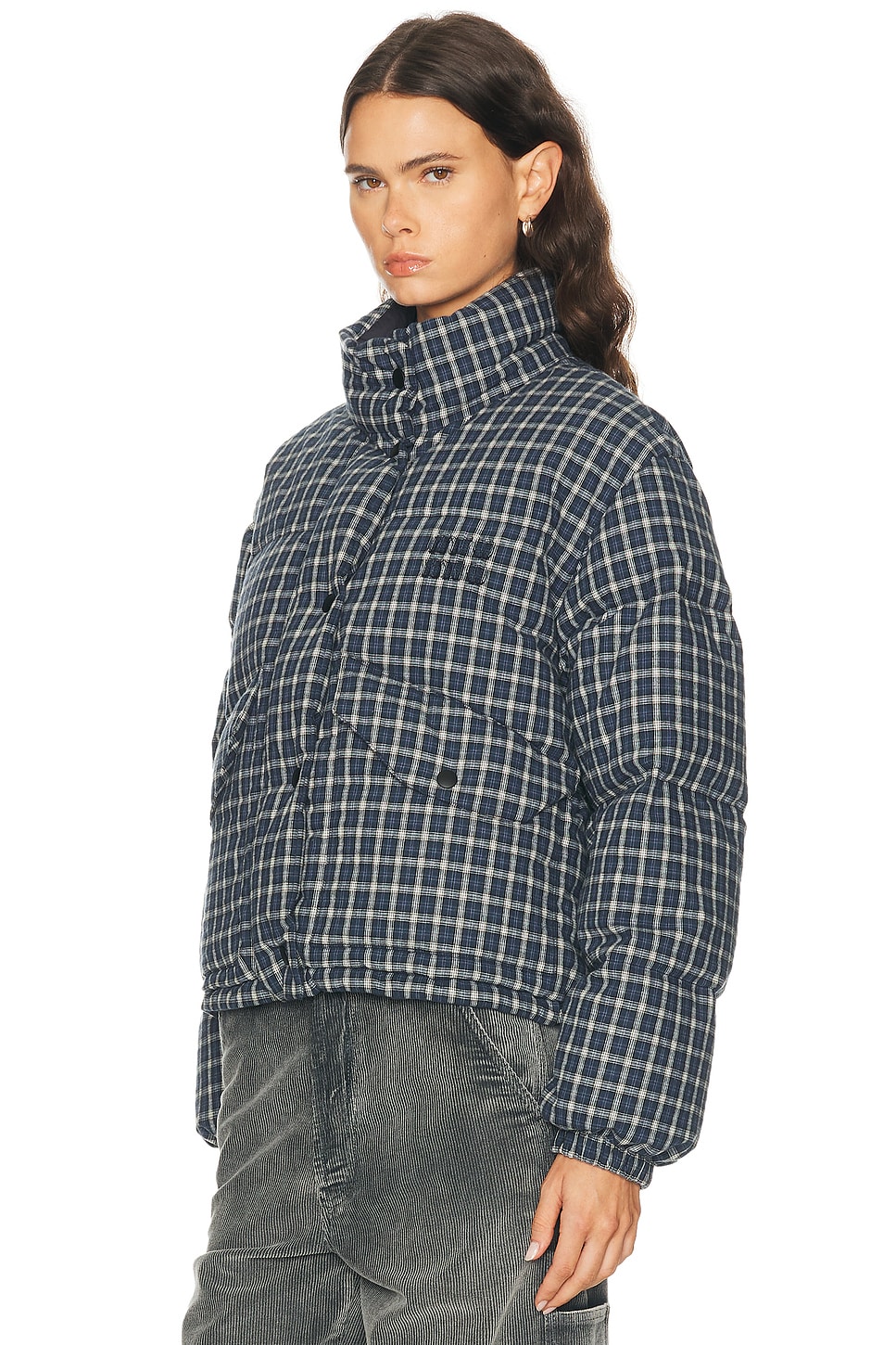 Miu Miu Jacket High Collar Checked Pattern Pockets Quilted In Blue