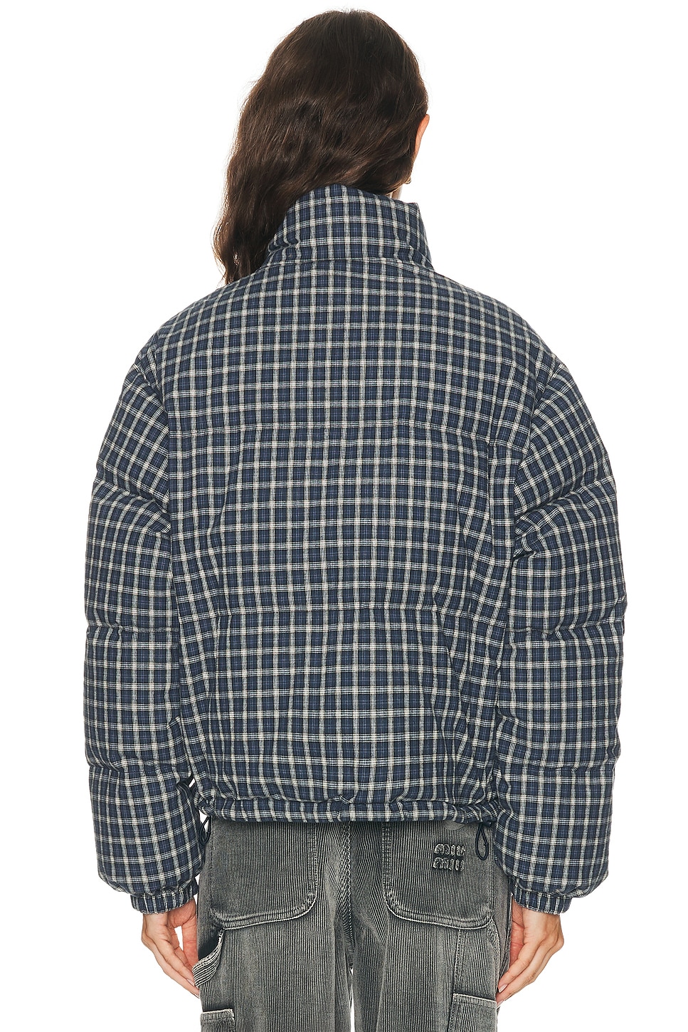 Miu Miu Jacket High Collar Checked Pattern Pockets Quilted In Blue
