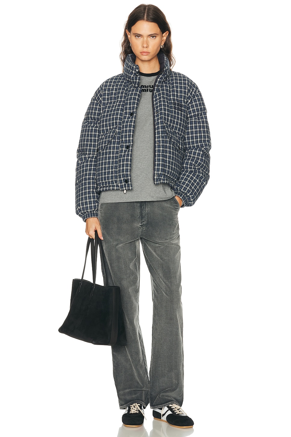 Miu Miu Jacket High Collar Checked Pattern Pockets Quilted In Blue