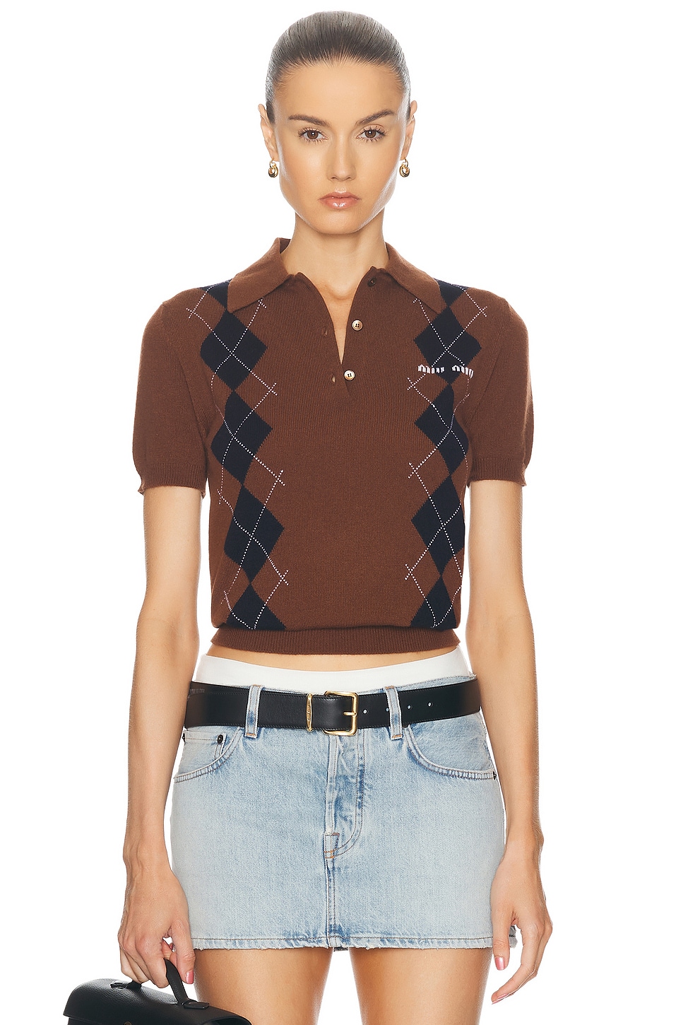 Image 1 of Miu Miu Short Sleeve Polo Top in Tabacco