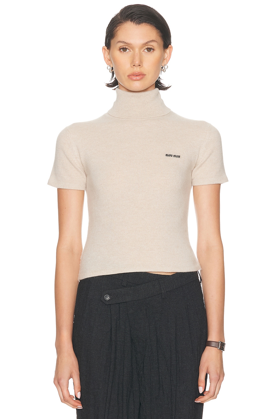 Image 1 of Miu Miu Turtleneck Short Sleeve Top in Sabbia