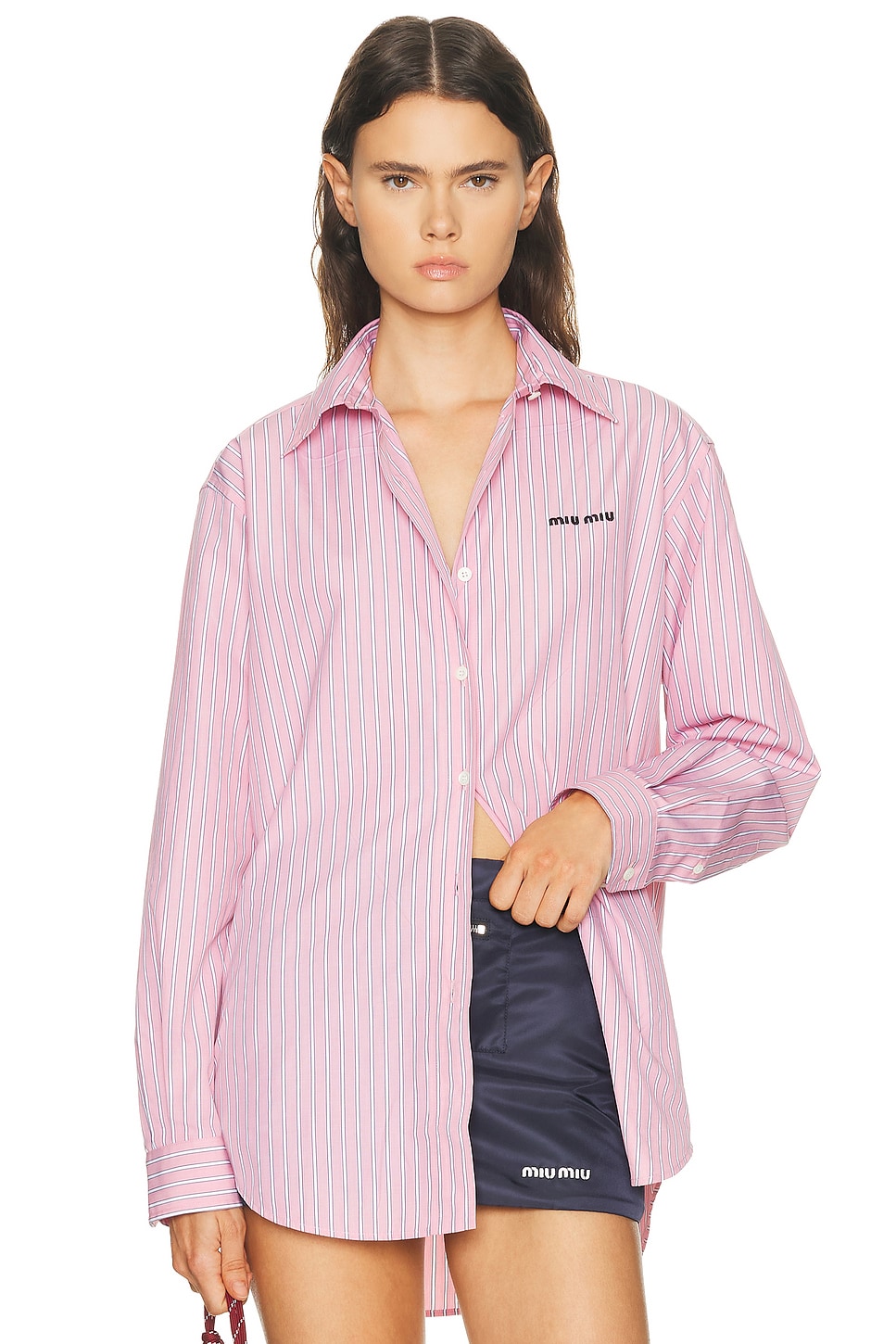 Image 1 of Miu Miu Popeline Riga Shirt in Rosa