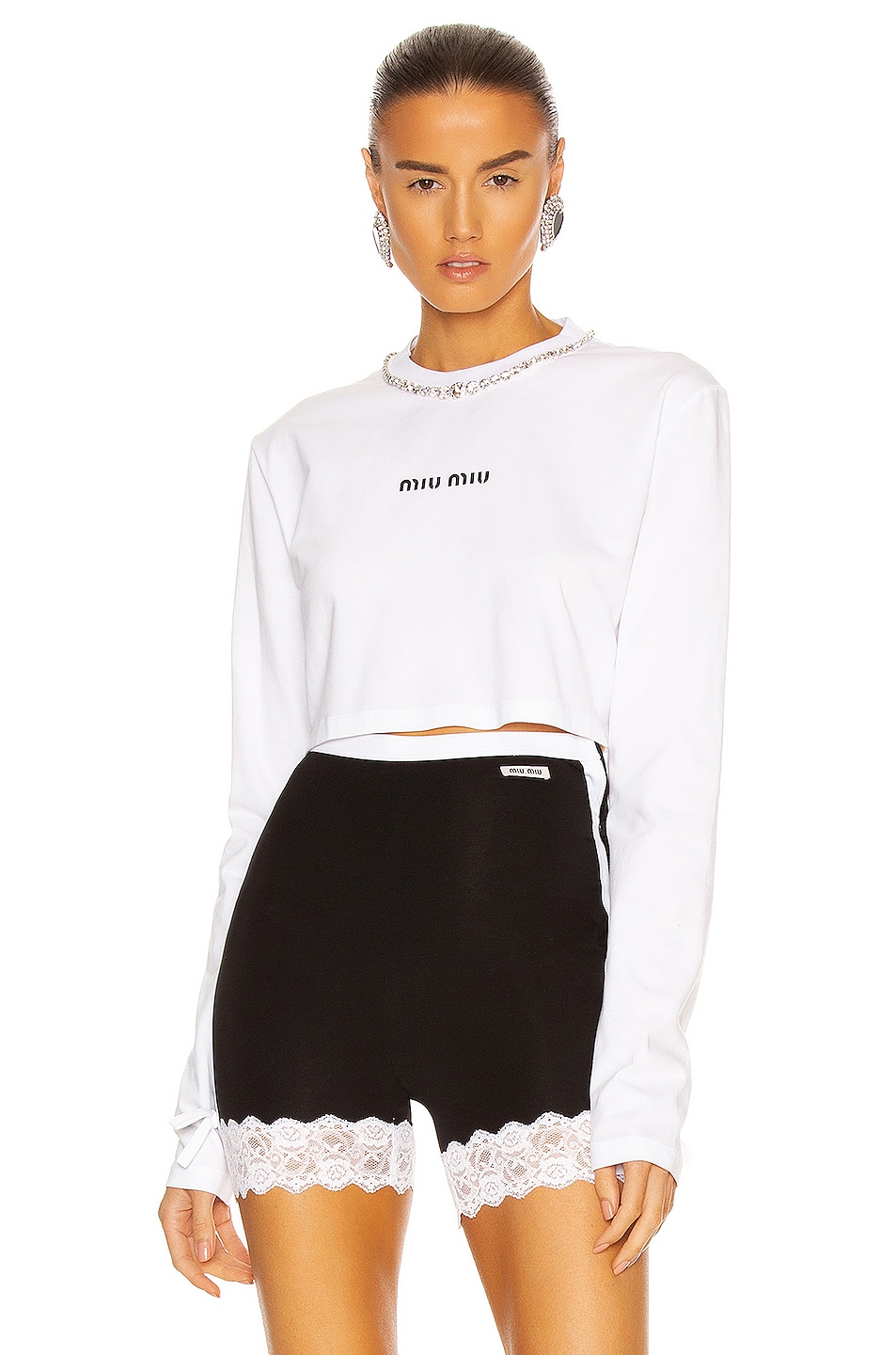 Image 1 of Miu Miu Embroidered Cotton Jersey T Shirt in Bianco