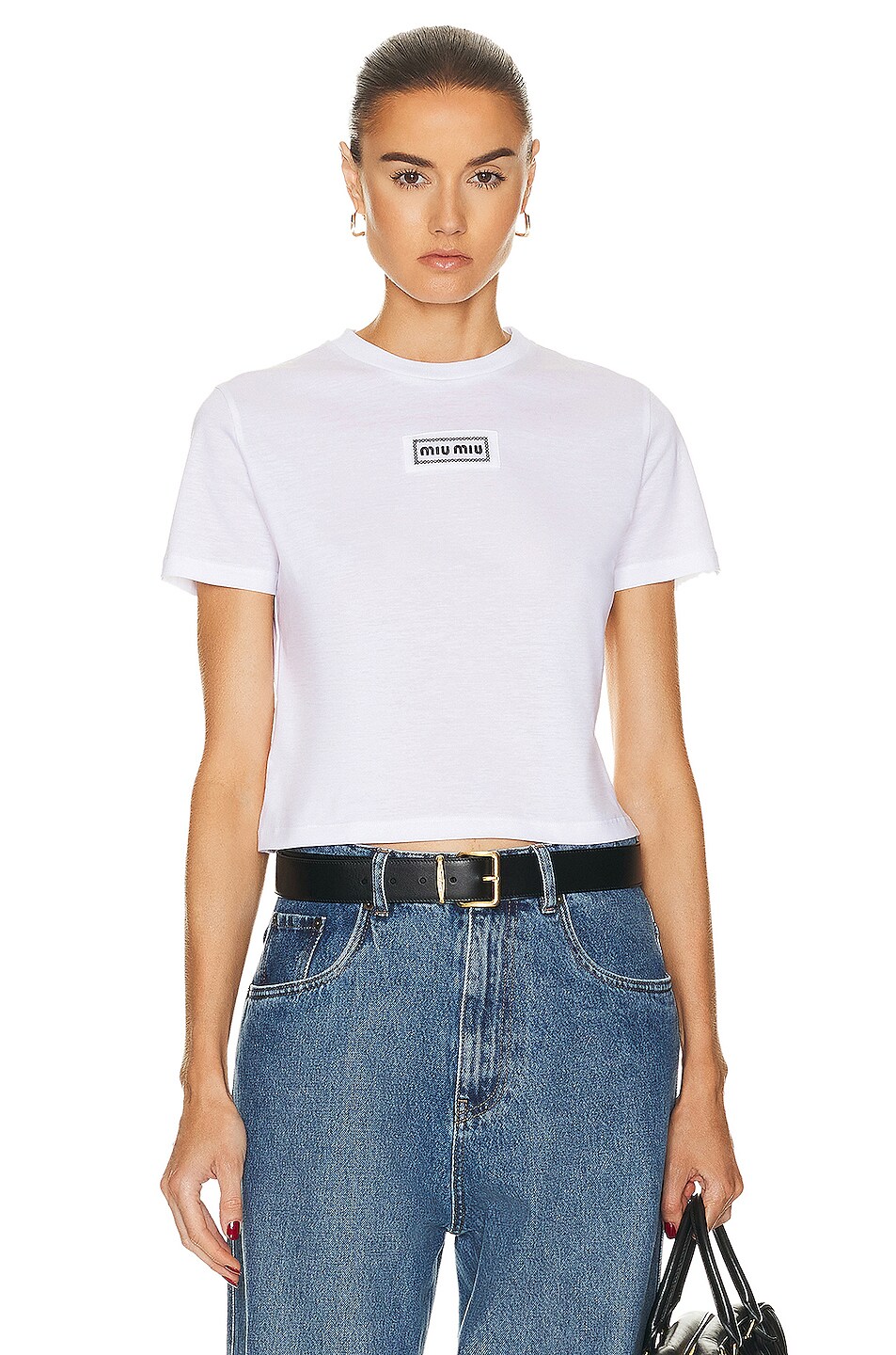 Miu Miu Center Mini Logo Jersey T-Shirt in Bianco | FWRD