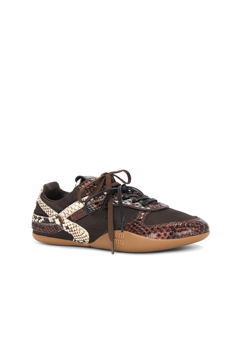Miu Miu Gymnasium Technical Fabric And Python-print Ayers Leather Sneakers Shoes In Brown