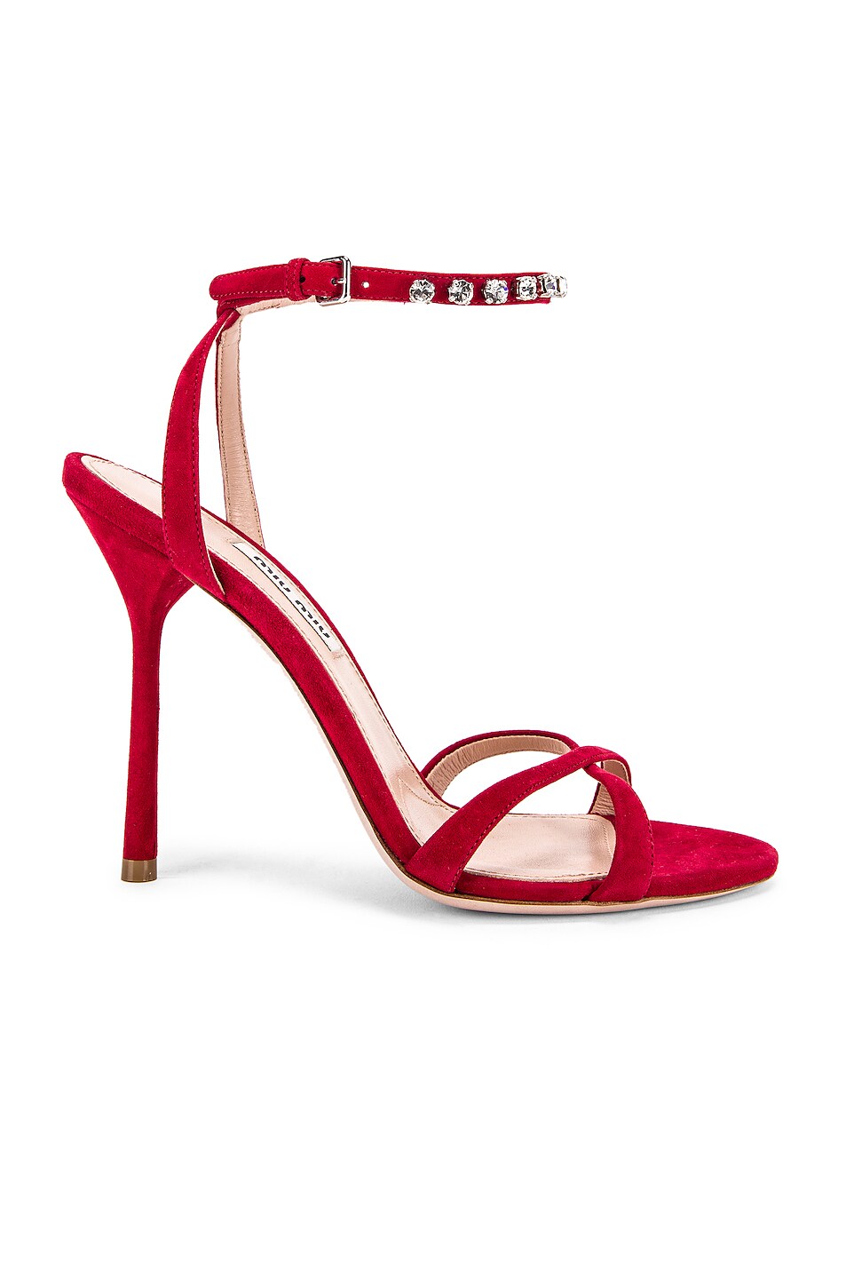 Image 1 of Miu Miu Jeweled Ankle Strap Sandals in Cherry