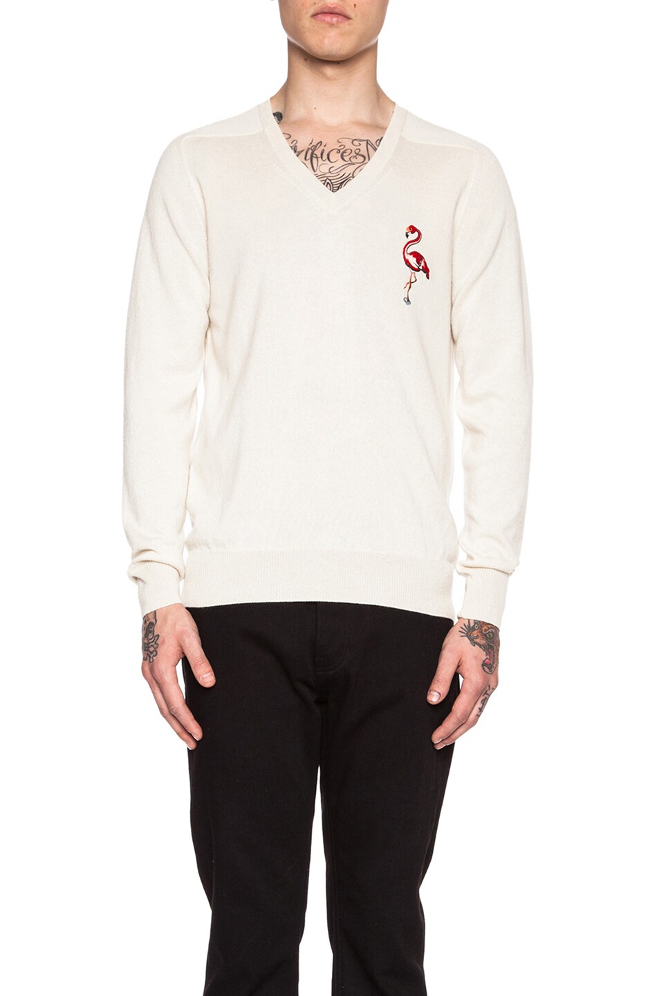 Image 1 of Marc Jacobs Cashmere-Blend Flamingo Embroidery V Neck in Ivory