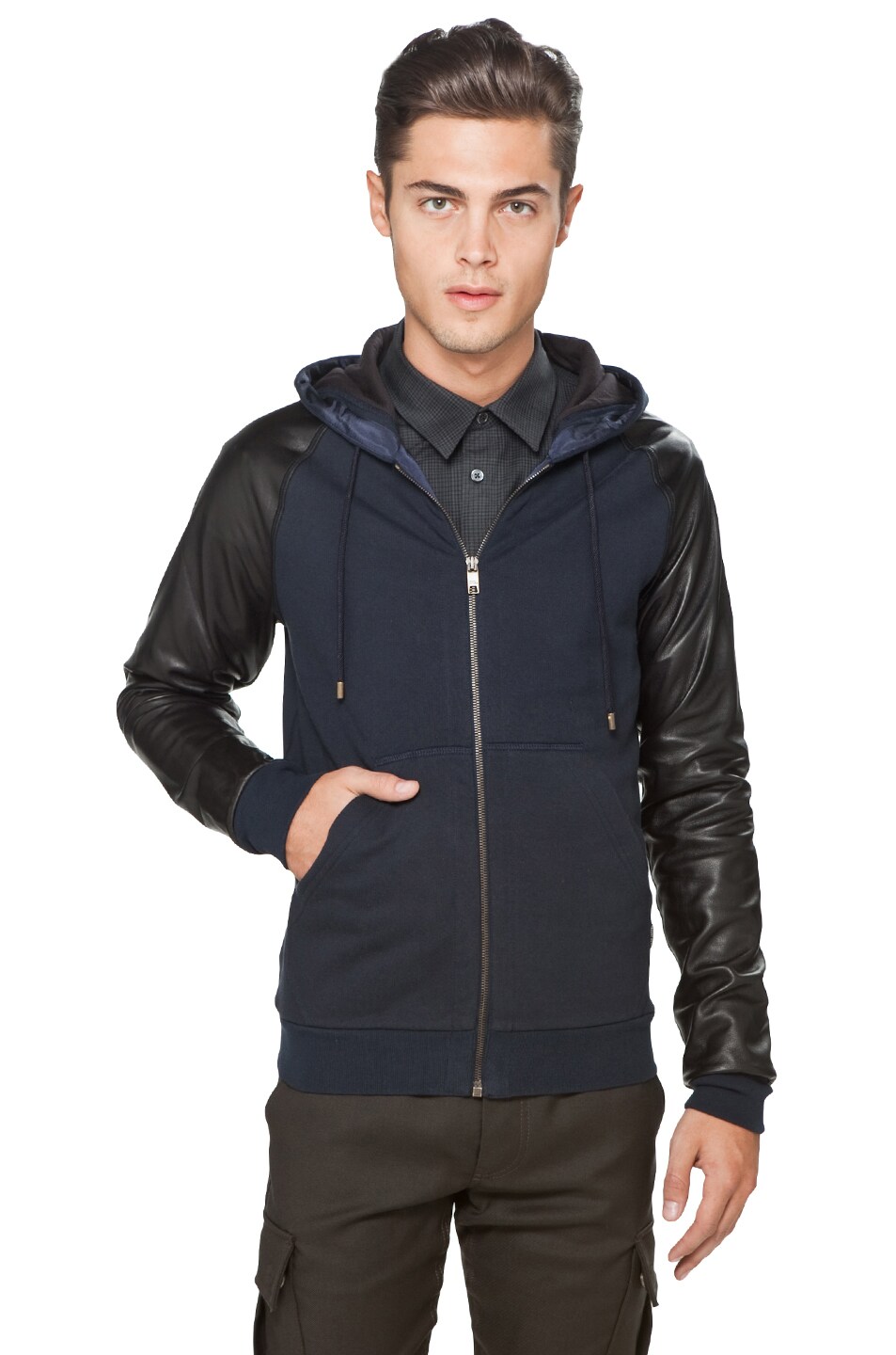 Image 1 of Marc Jacobs Winter Fleece Zip Up with Leather Sleeves in Normandy Blue & Black