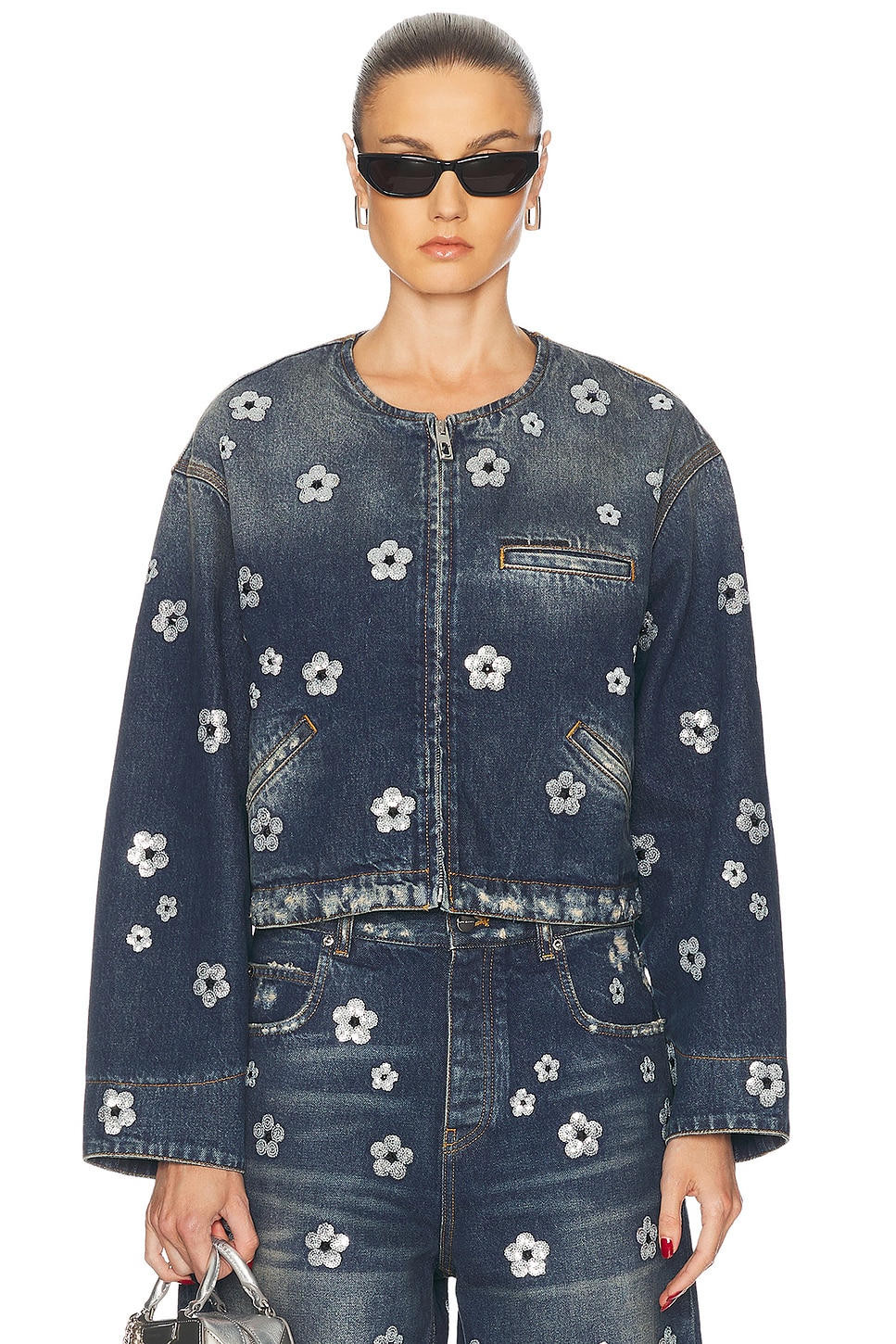 Sequin Daisy Cropped Jacket in Blue