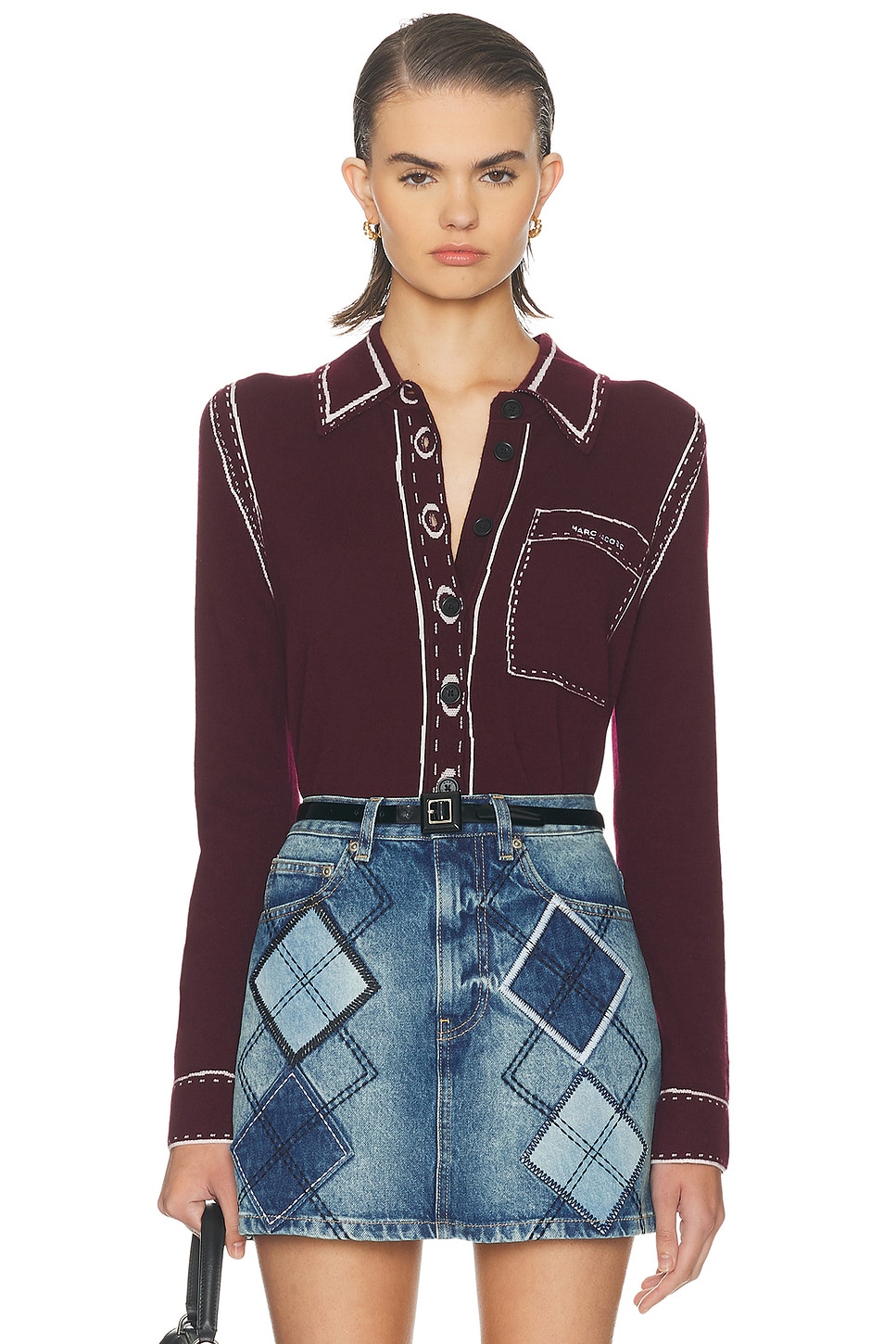Image 1 of Marc Jacobs Trompe Loeil Button Down Top in Dark Plum & Ivory