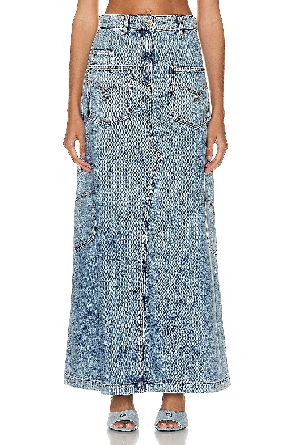 Image 1 of Moschino Jeans Long Denim Skirt in Fantasy Print Blue
