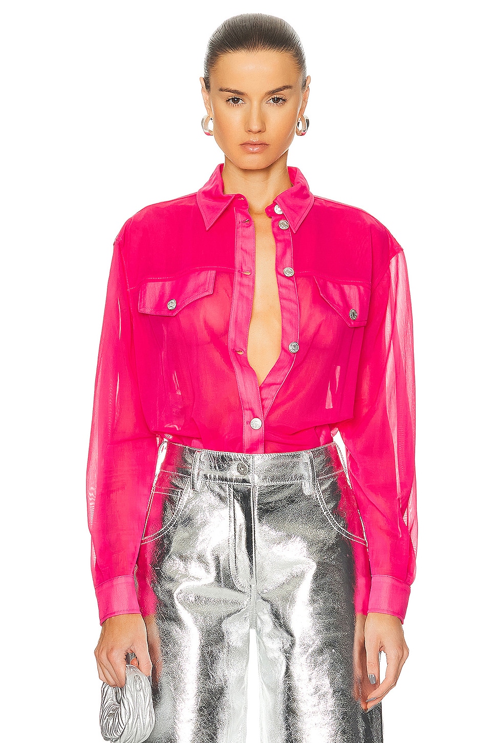 Image 1 of Moschino Jeans Nylon Long Sleeve Button Up in Fucsia