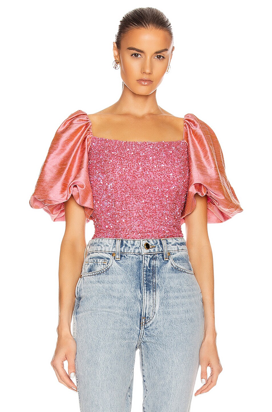 Image 1 of Markarian Orlando Puff Shoulder Top in Pink Sequin