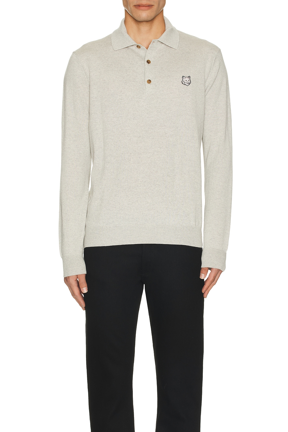 Image 1 of Maison Kitsune Bold Fox Head Patch Polo Jumper in Light Grey Melange