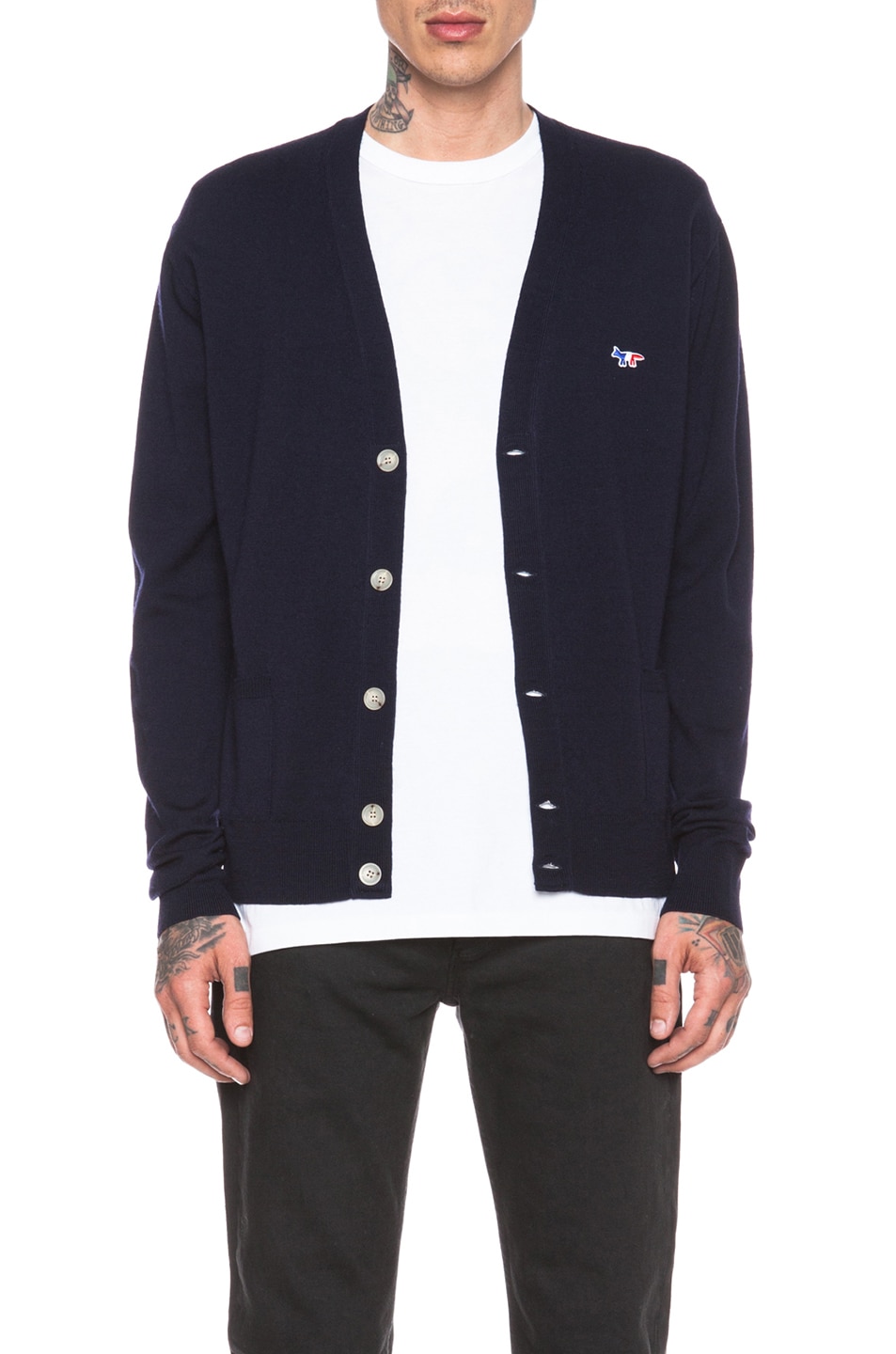 Image 1 of Maison Kitsune Classic Cardigan Tricolore Patch in Navy