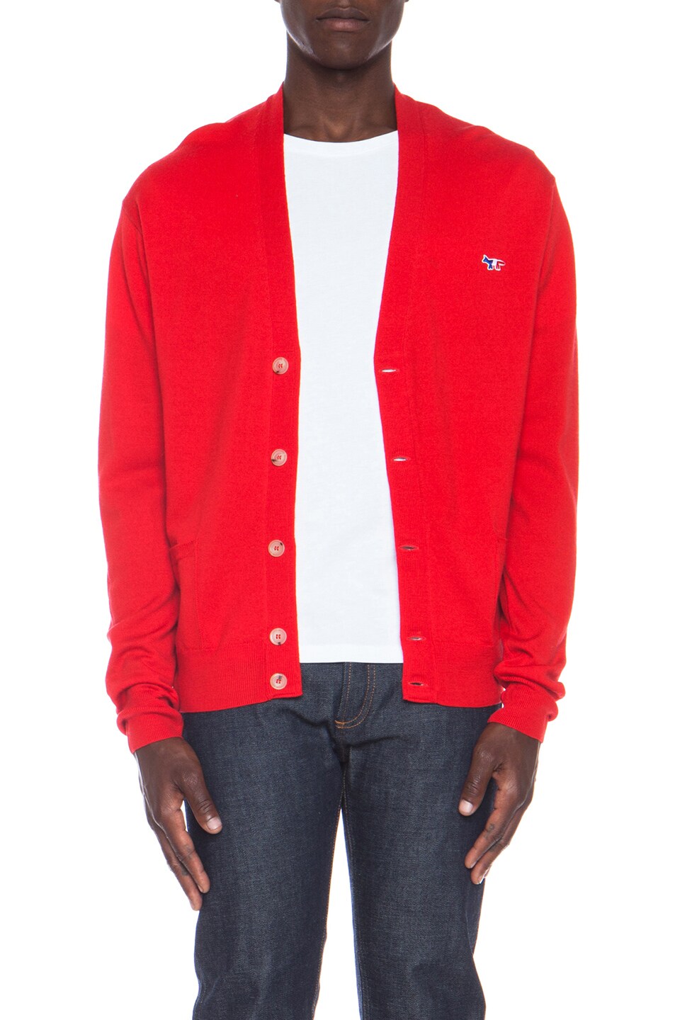 Image 1 of Maison Kitsune Classic Virgin Wool Cardigan Tricolore Patch in Red