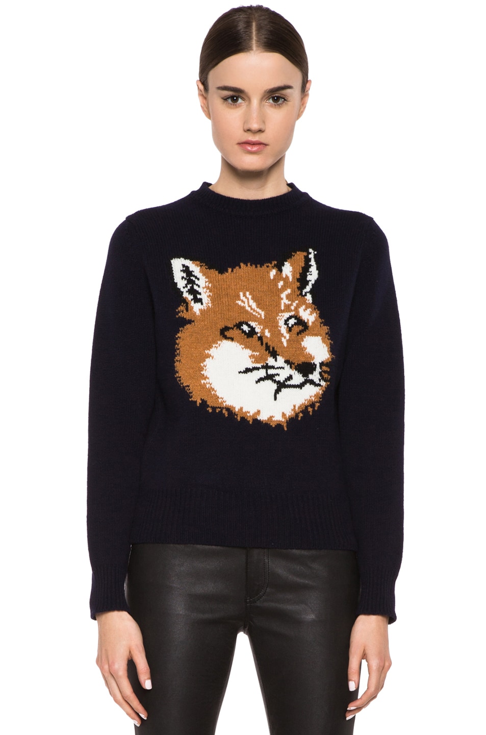 Image 1 of Maison Kitsune Fox Head Wool Pullover in Navy