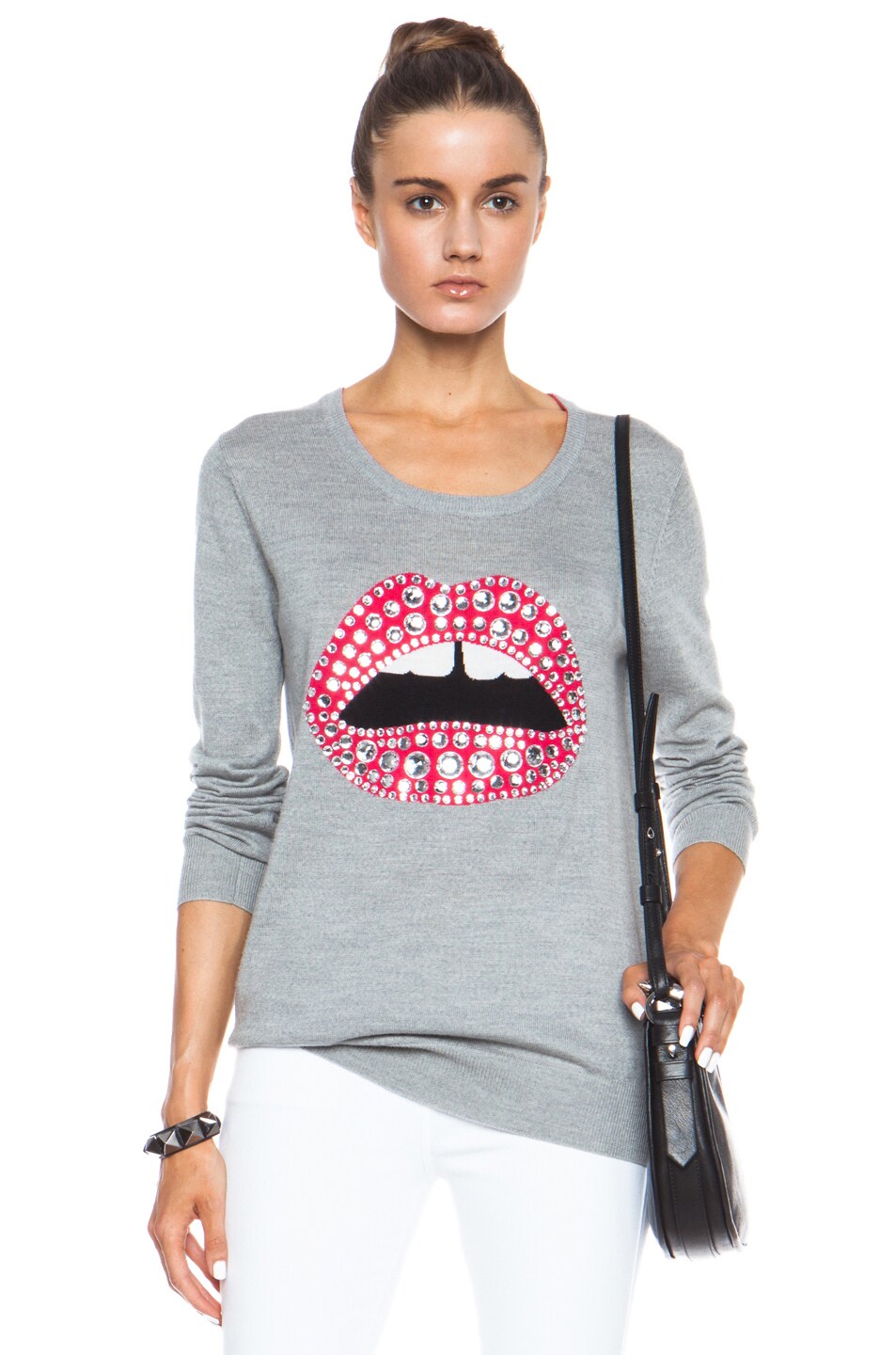 Image 1 of Markus Lupfer Jewelled Lara Lip Merino Wool Sweatshirt in Light Grey & Pink