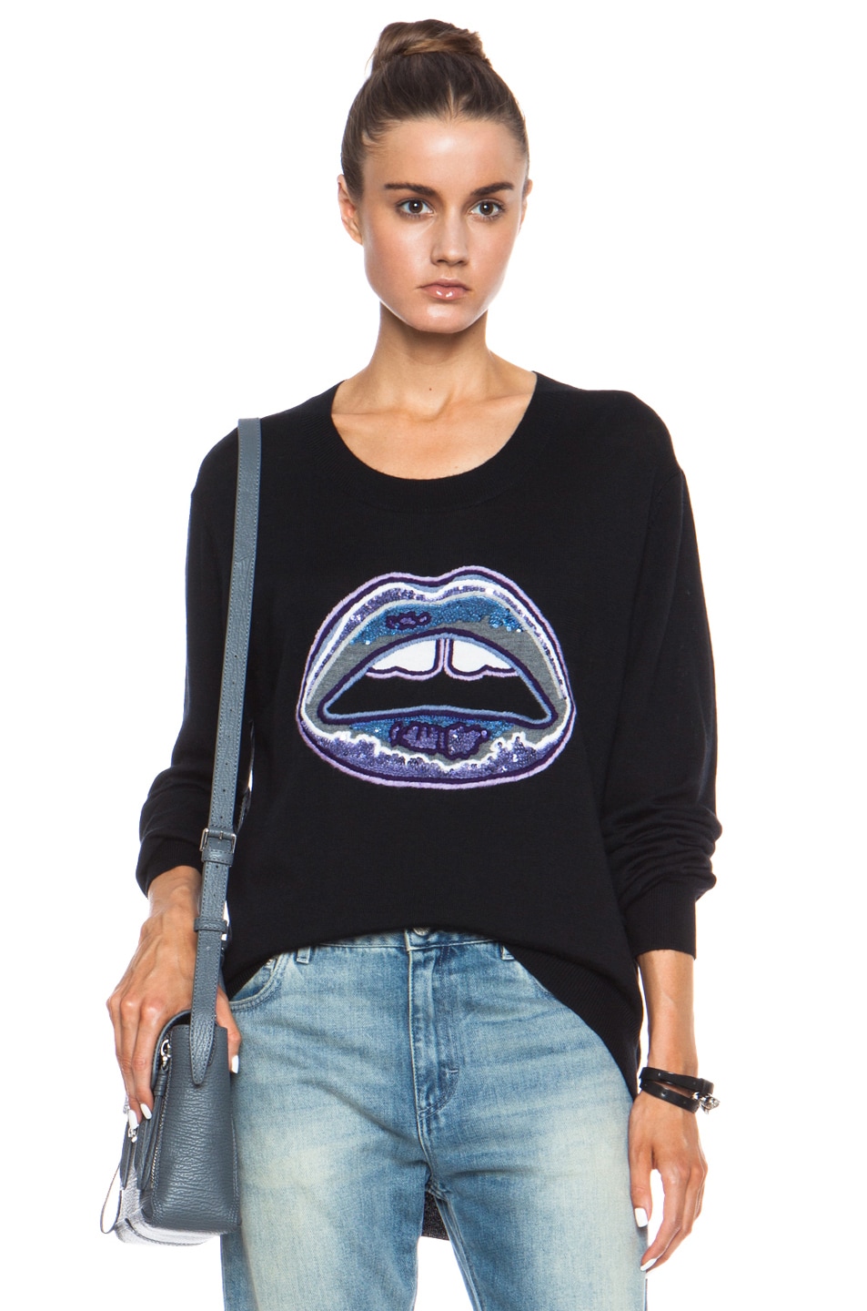 Image 1 of Markus Lupfer Graphic Lara Lip Sequin Merino Wool Sweatshirt in Black