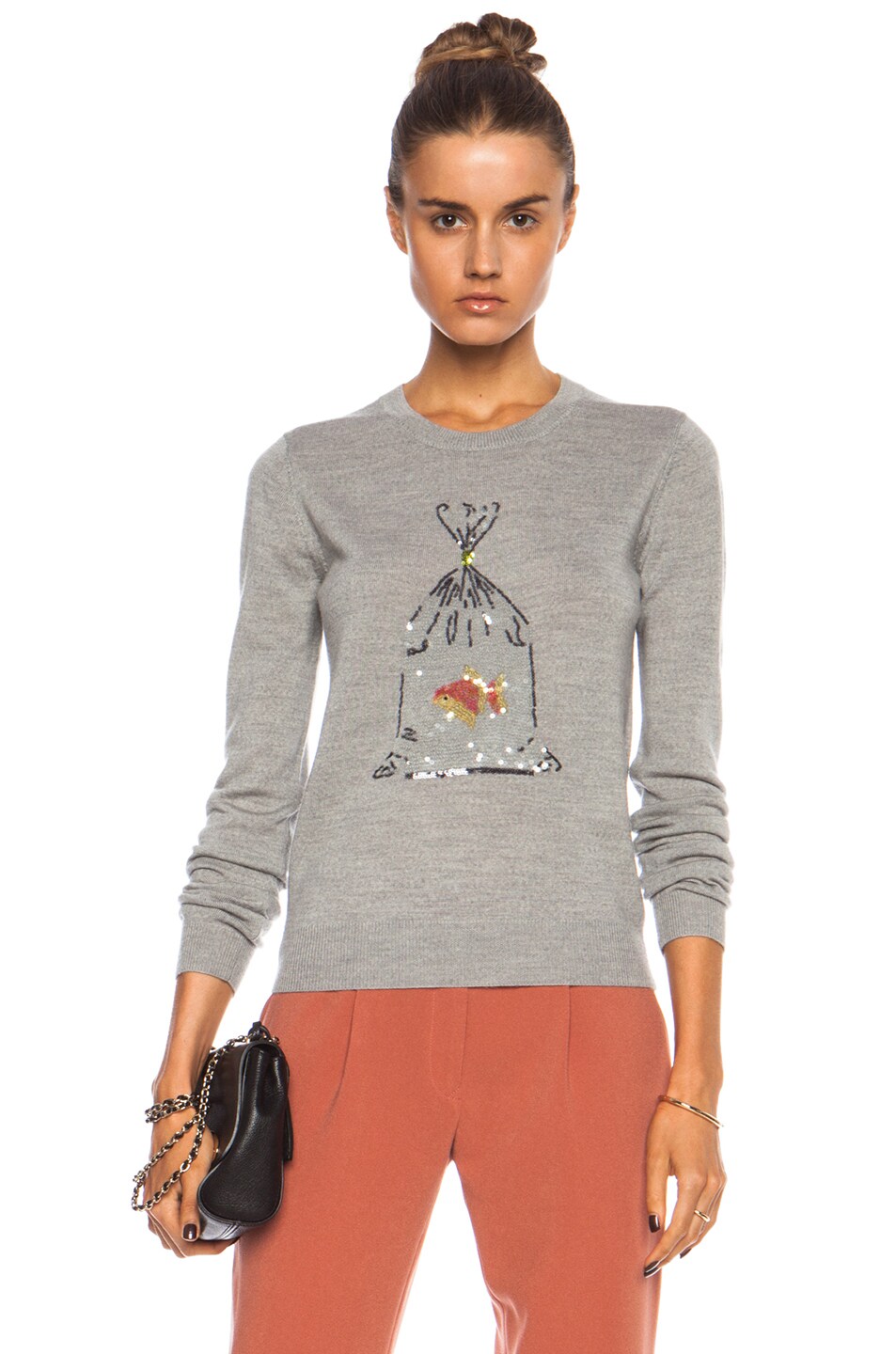 Image 1 of Markus Lupfer "Prize Fish In a Bag" Sequin Grace Merino Wool Jumper in Light Grey