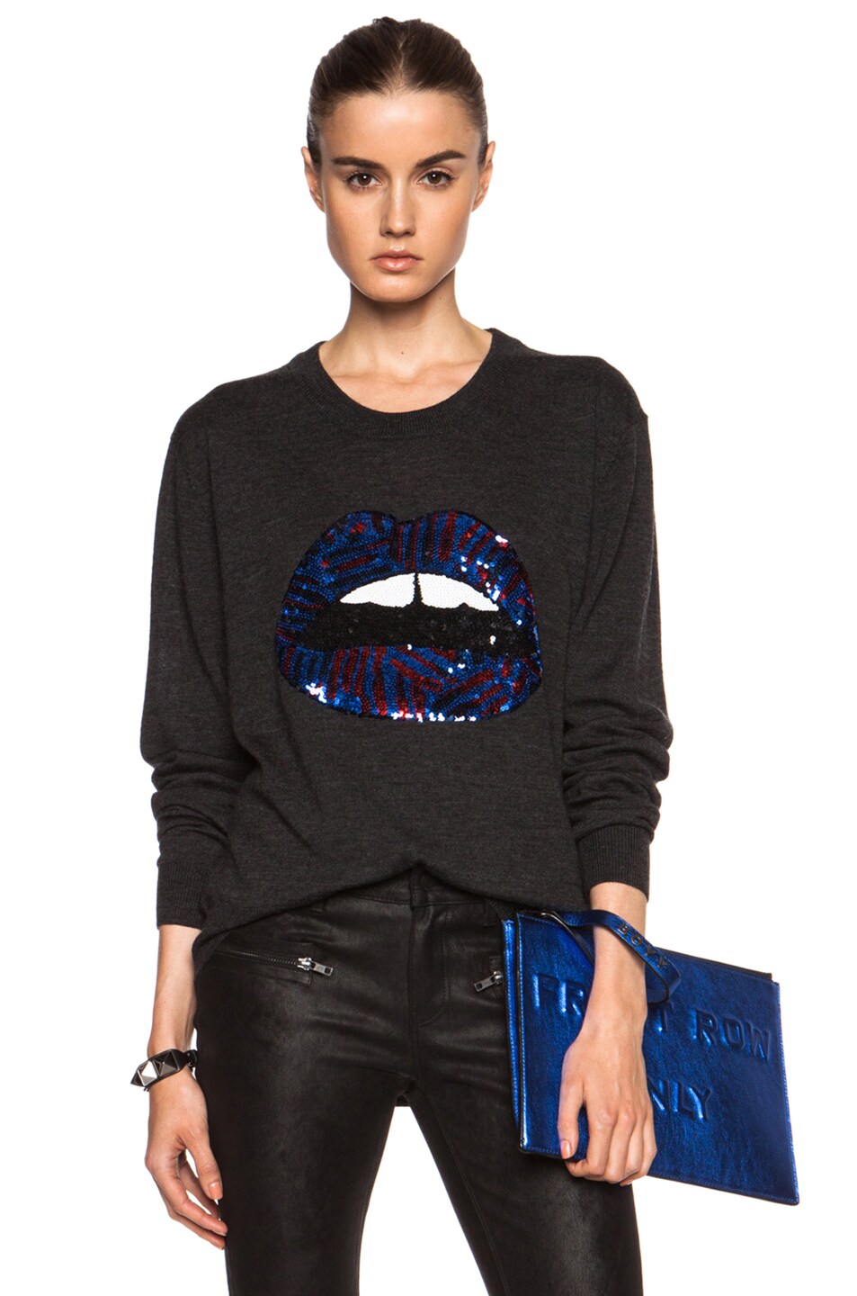 Image 1 of Markus Lupfer Sequin Lip Joey Wool Sweater in Charcoal