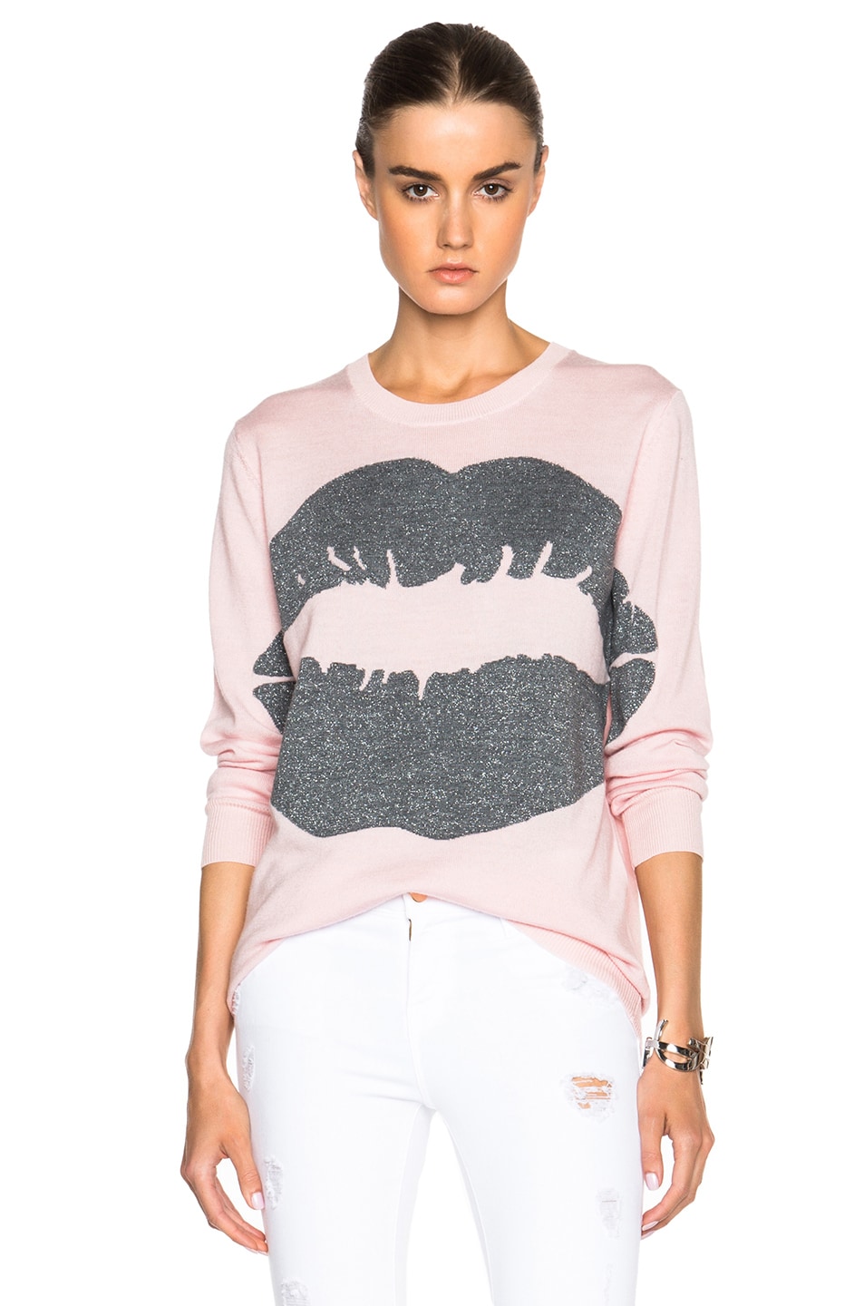 Image 1 of Markus Lupfer Big Smacker Lip Sweater in Cloud Pink & Silver