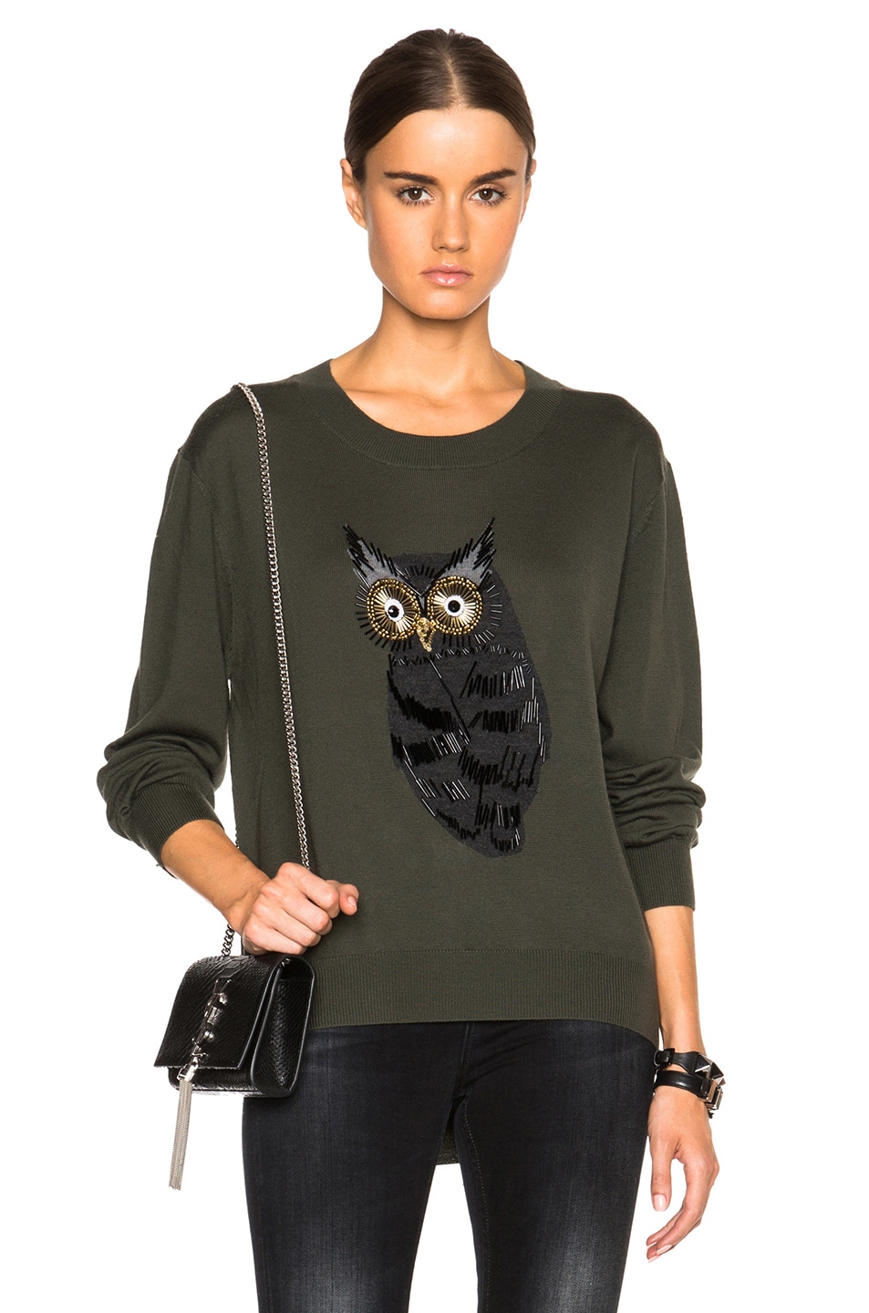 Image 1 of Markus Lupfer Owl Embellished Joey Sweater in Forest Green