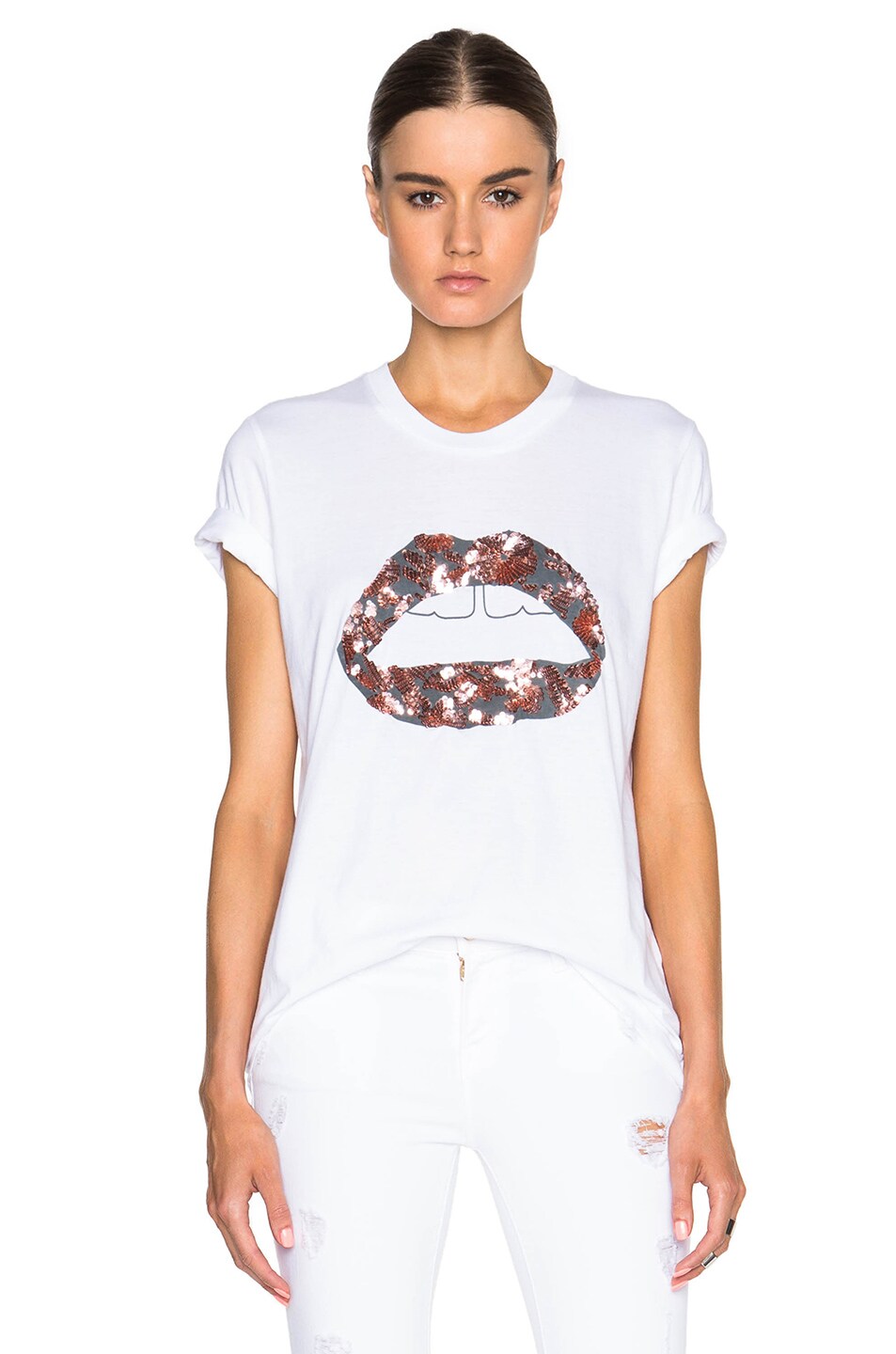 Image 1 of Markus Lupfer Linear Floral Sequin Tee in White