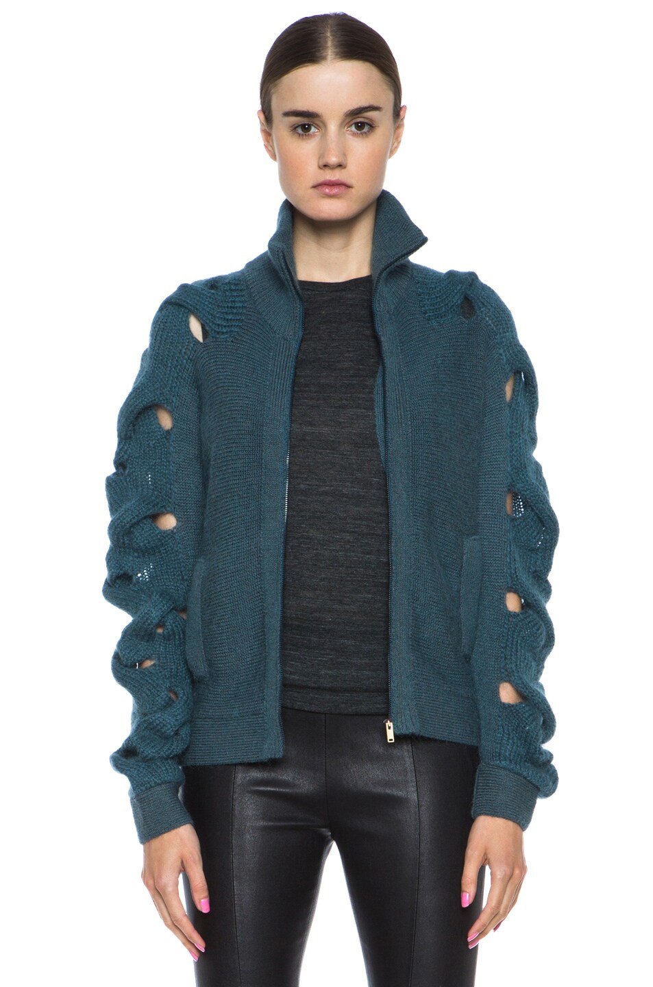 Image 1 of MM6 Maison Margiela Knit Sweater with Braided Sleeves in Petrol