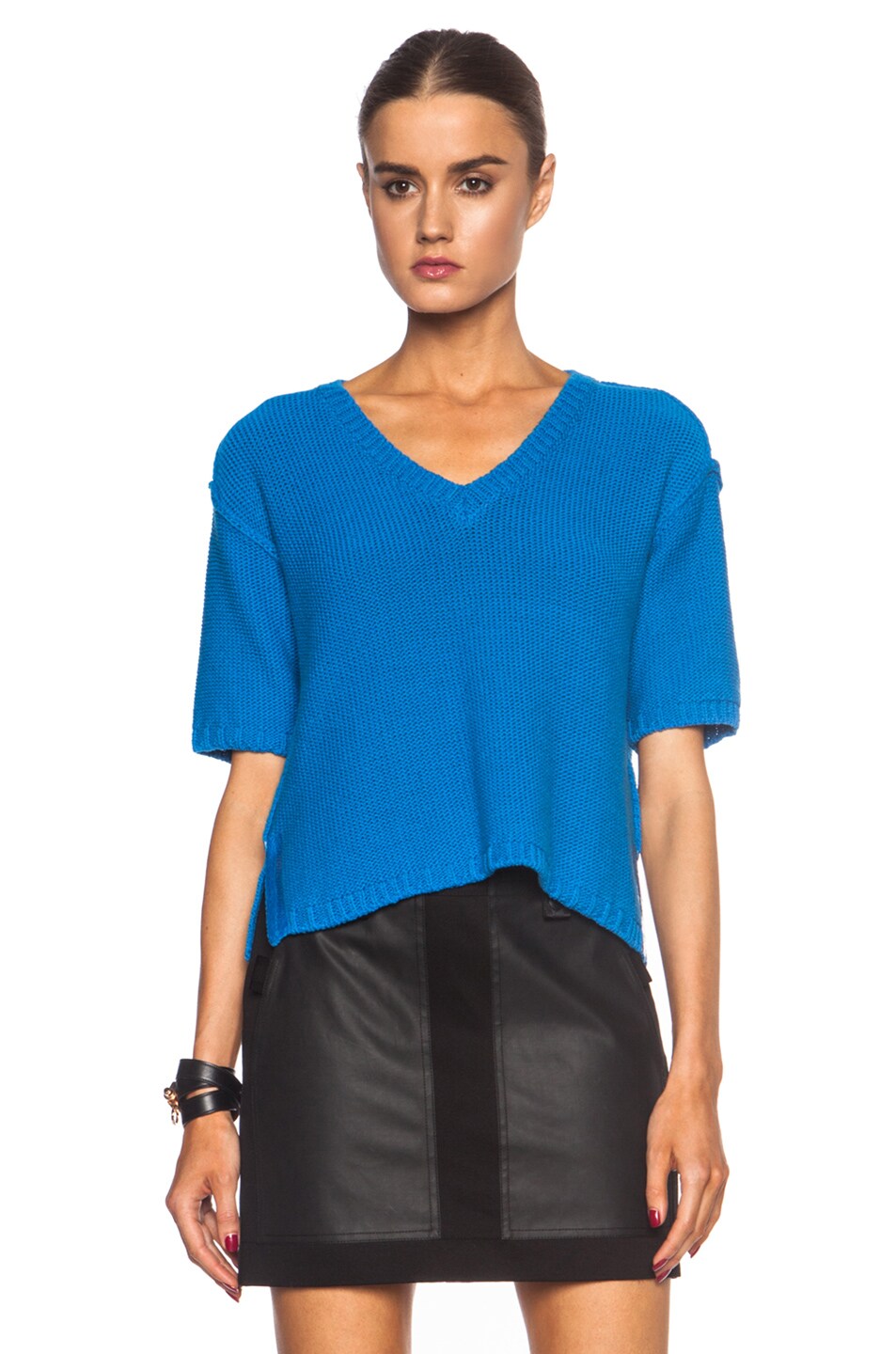 Image 1 of MM6 Maison Margiela Short Sleeve V-Neck Viscose-Blend Pullover in Comic Blue
