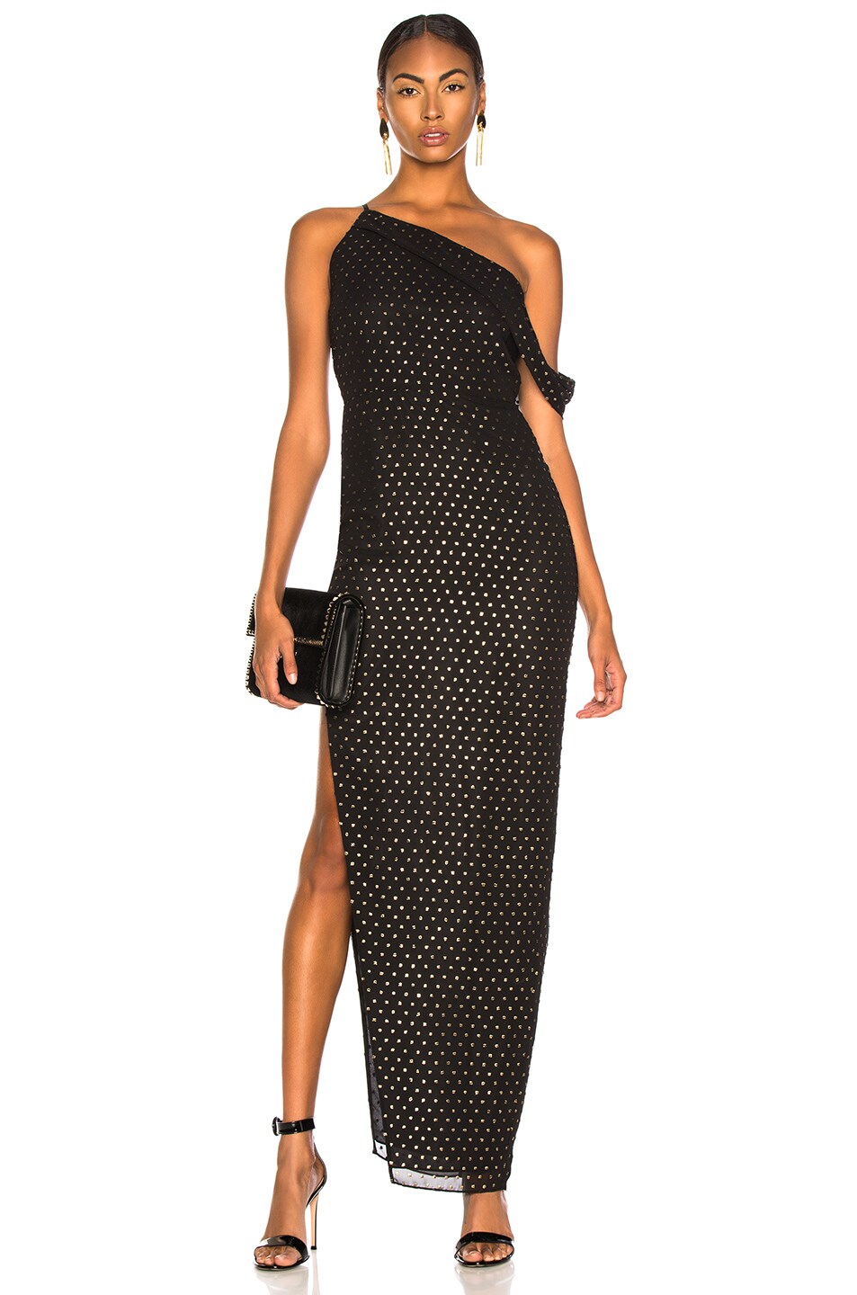 Image 1 of Michelle Mason Asymmetrical Strap Gown in Gold Dot