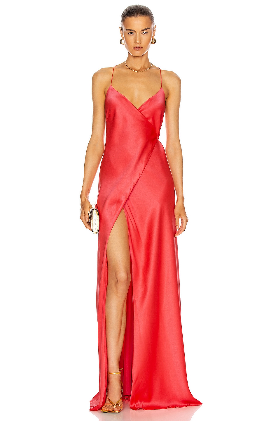 Image 1 of Michelle Mason Strappy Wrap Gown in Punch