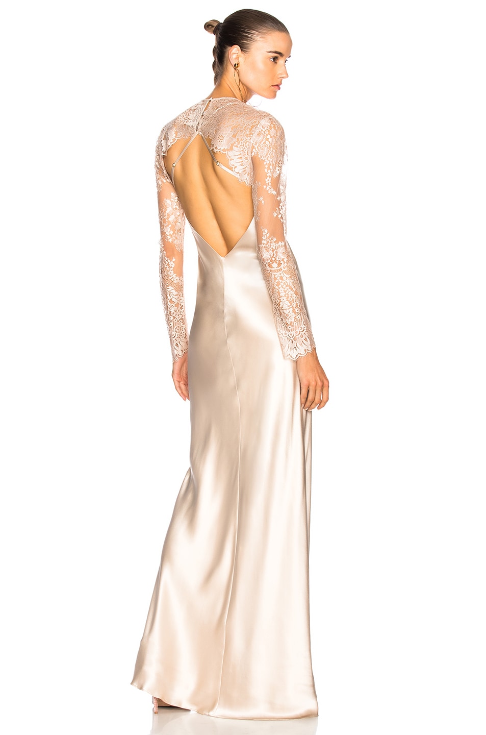 Image 1 of Michelle Mason Bias Gown with Lace Shrug in Bisquit