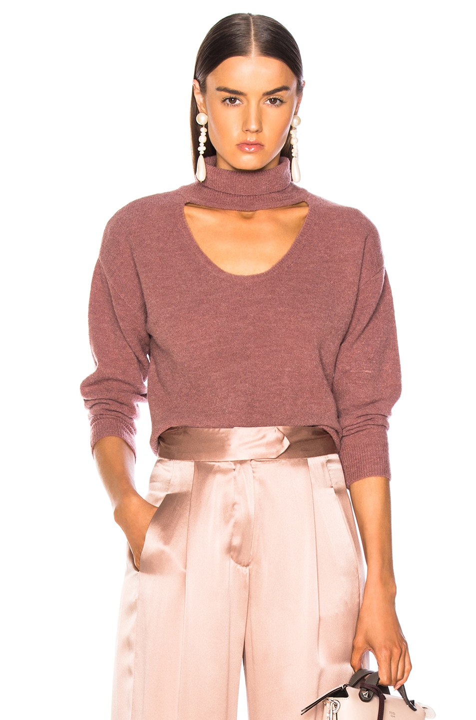 Image 1 of Michelle Mason Turtleneck Cropped Plunge Sweater in Rose