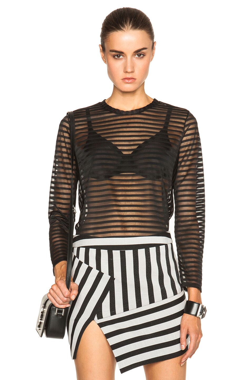 Image 1 of Michelle Mason Sheer Stripe Jersey Top in Black