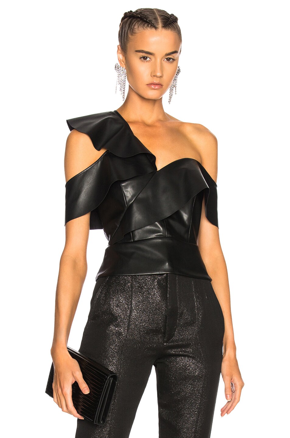 Image 1 of Michelle Mason Faux Leather Ruffle Top in Black Faux