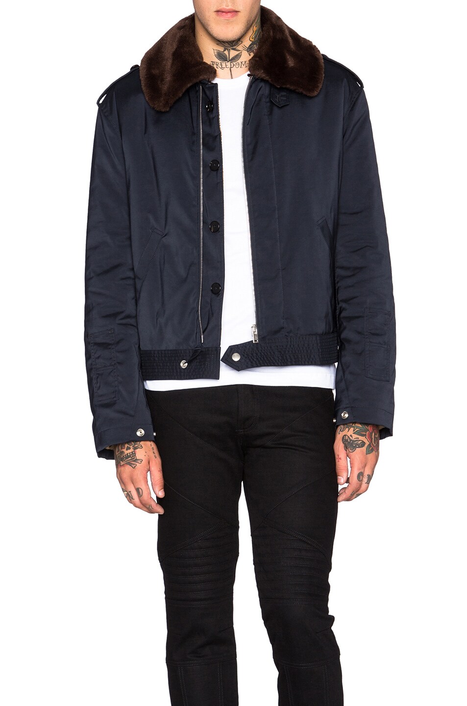 Image 1 of Maison Margiela Techno Twill Bomber Jacket with Faux Fur Collar in Dark Blue