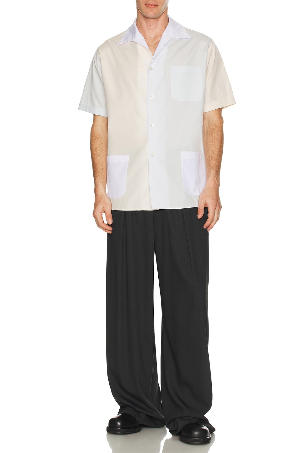 Image 1 of Maison Margiela Short-Sleeved Shirt in White, Cream, & Light Blue