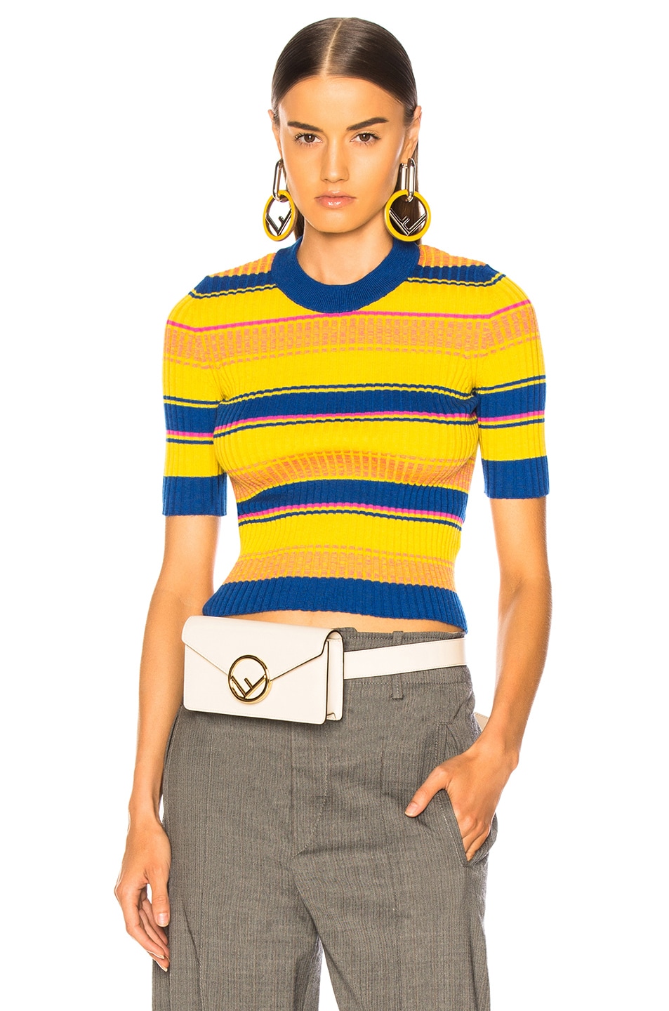 Image 1 of Maison Margiela Striped Short Sleeve Sweater in Blue, Yellow & Fuchsia