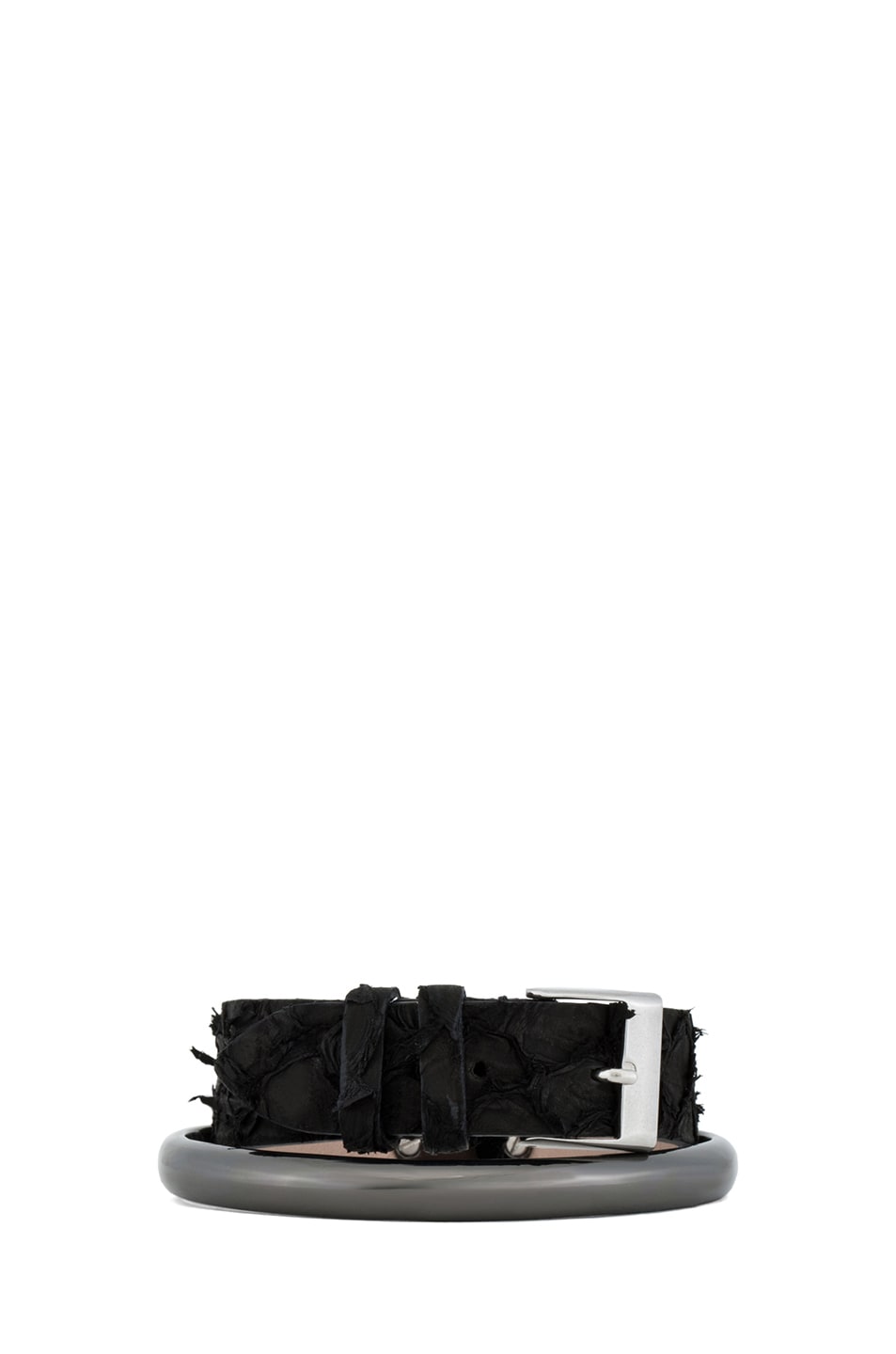 Image 1 of Maison Margiela Double Wrap Perch Fish Leather Bracelet in Black & Gunmetal