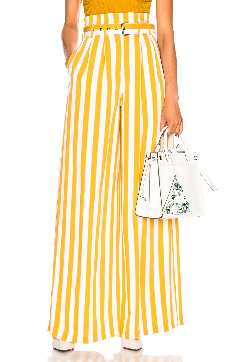 Image 1 of Maison Margiela Belted Striped Wide Leg Pants in White & Yellow