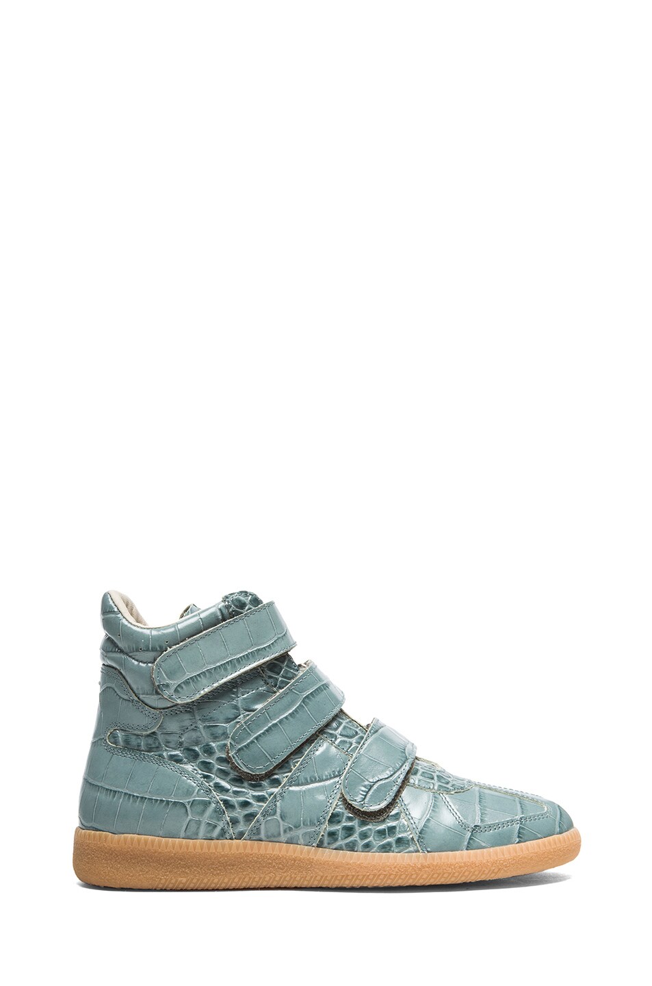 Image 1 of Maison Margiela Crocodile Print 3 Strap High Top Leather Sneakers in Sage