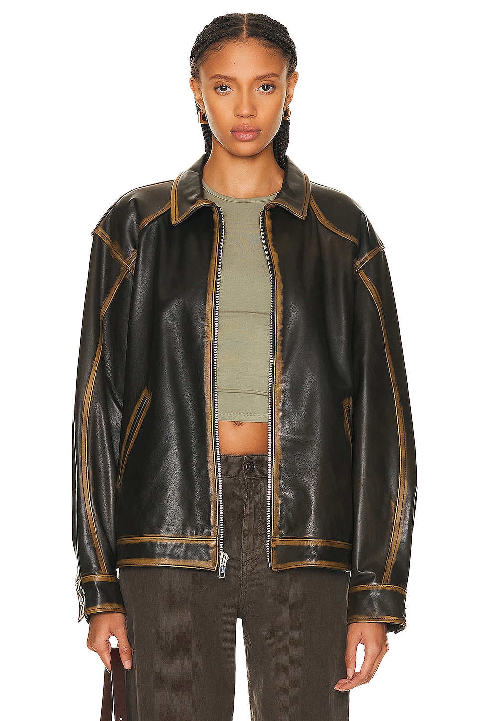 Image 1 of Mimchik Leather Tall Boy Jacket in Olive