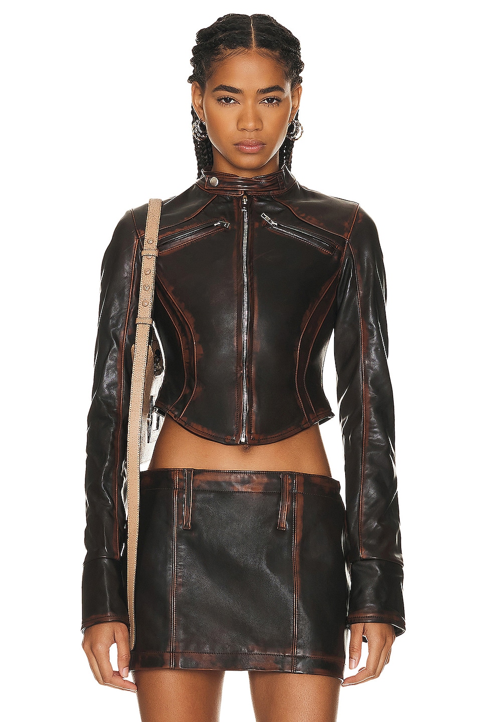 Image 1 of Mimchik Moto Leather Jacket in Brown Leather