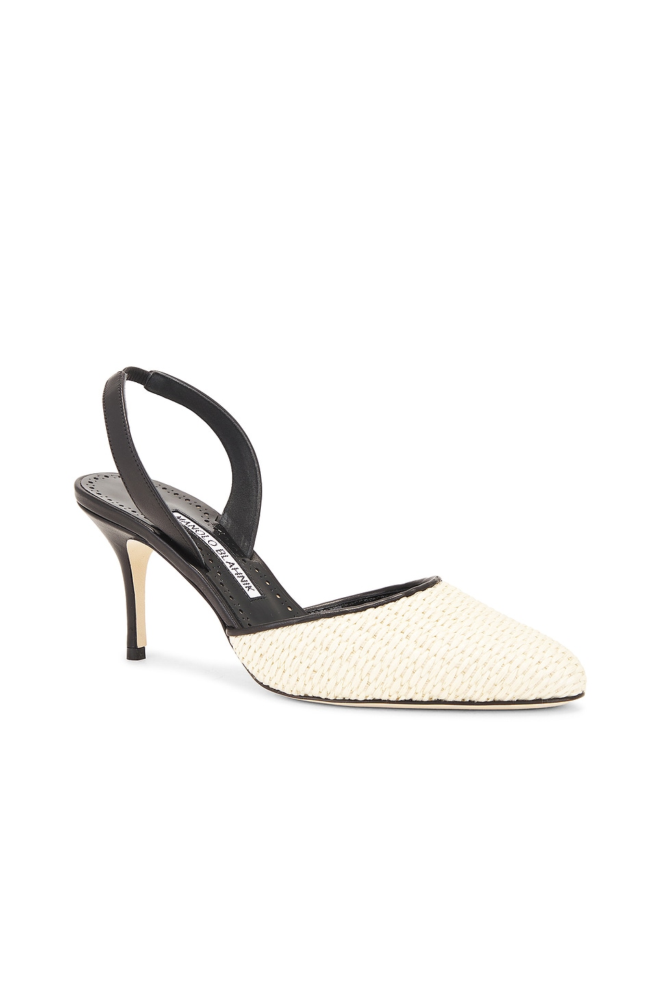 Shop Manolo Blahnik Casam 70 Raffia Pump In Light Khaki & Black