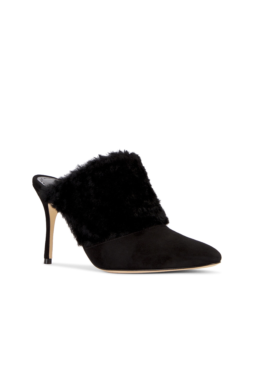 Manolo Blahnik Suede Pelos Mules With Eco-fur Detail 10cm In Black